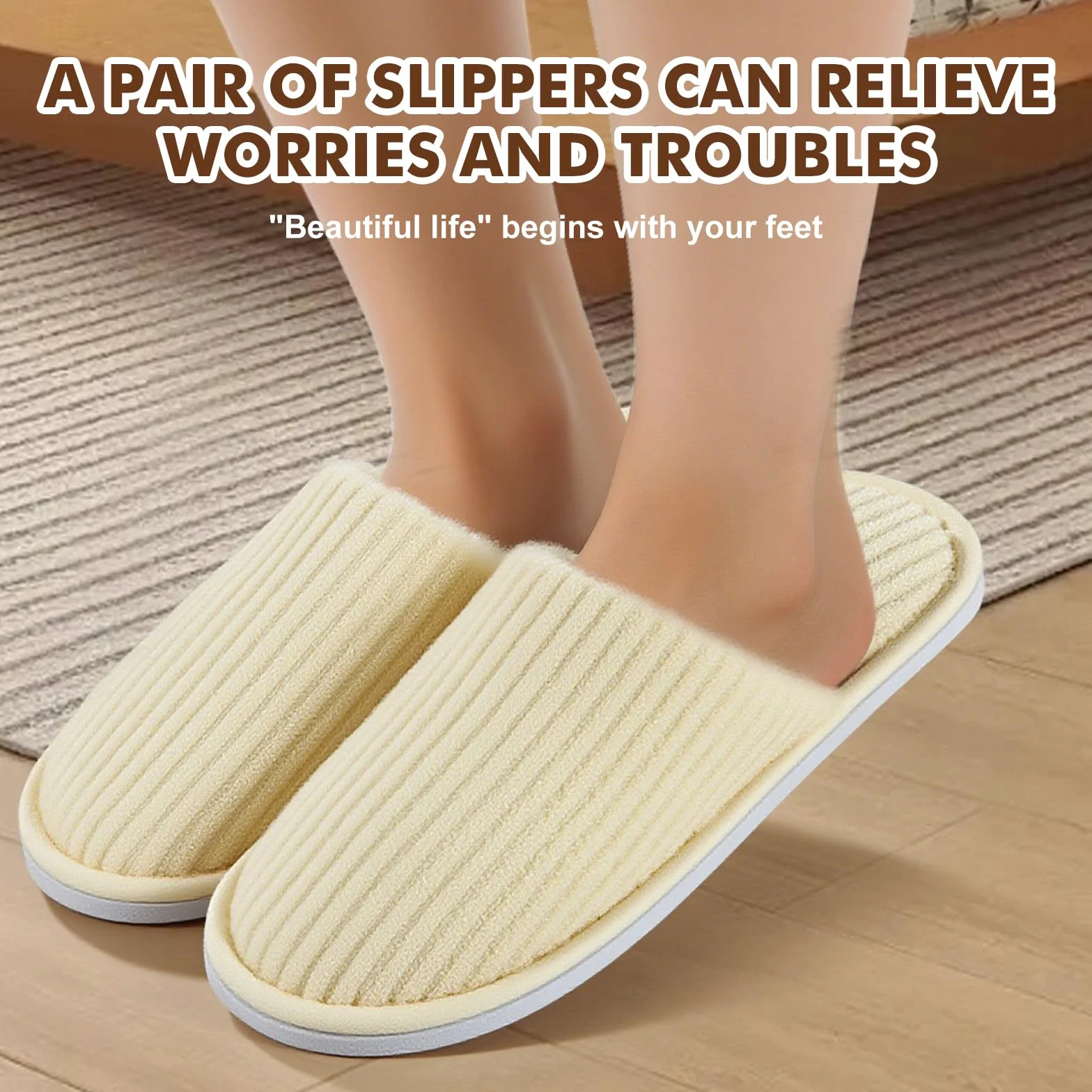 Lot de 10 paires de pantoufles de spa, antidérapantes, jetables, avec orteils fermés, en tissu éponge pour la maison, la chambre à coucher, la salle de bain, l'intérieur - Unisexe - Beige