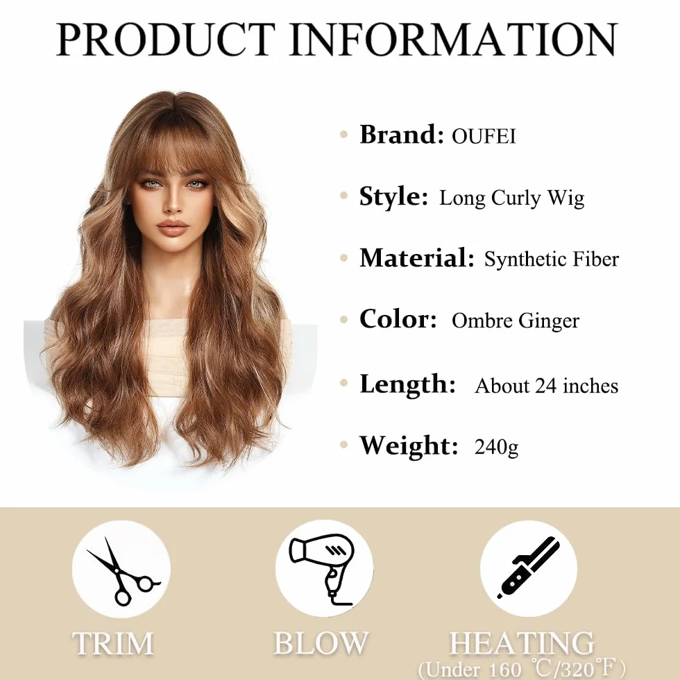 Perruques Longues Ondulées Ombre Ginger pour Femmes avec Franges Cheveux Synthétiques Naturels Perruques Résistantes à La Chaleur pour La Fête Quotidienne Cosplay Wear