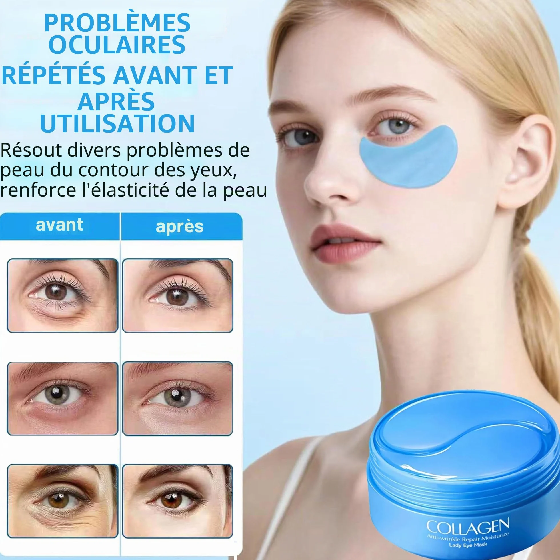 Patch Yeux Collagene Acide Hyaluronique 60 Pcs Anti Cernes Anti-Rides Masque Hydratant Contour des Yeux