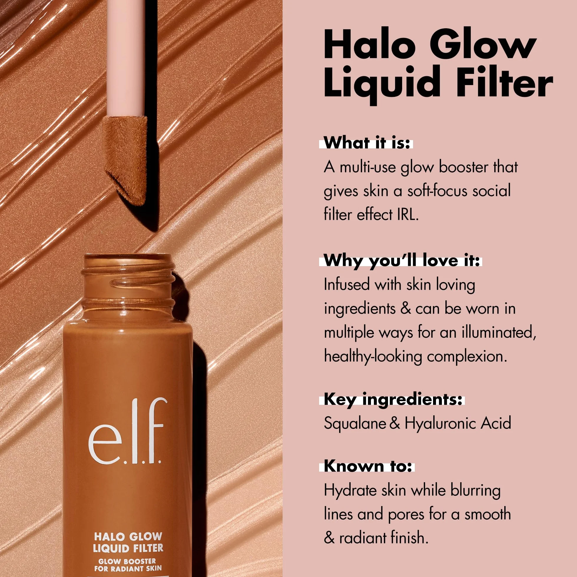 e.l.f. Halo Glow Filtre liquide halo éclatant booster d'éclat acide hyaluronique 3 Light Medium