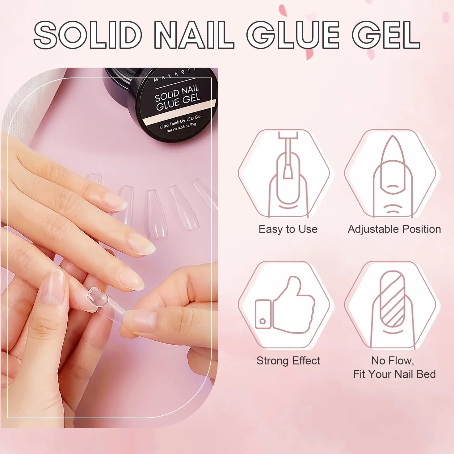 Makartt 15ml Solide Colle Faux Ongles 4 en 1 Adhésif Ultra Fort pour Gel 3D Nail Art, Ongles Pressés, Colle à Strass, Acryliques Formule Non Tac, Durcie au UV/LED