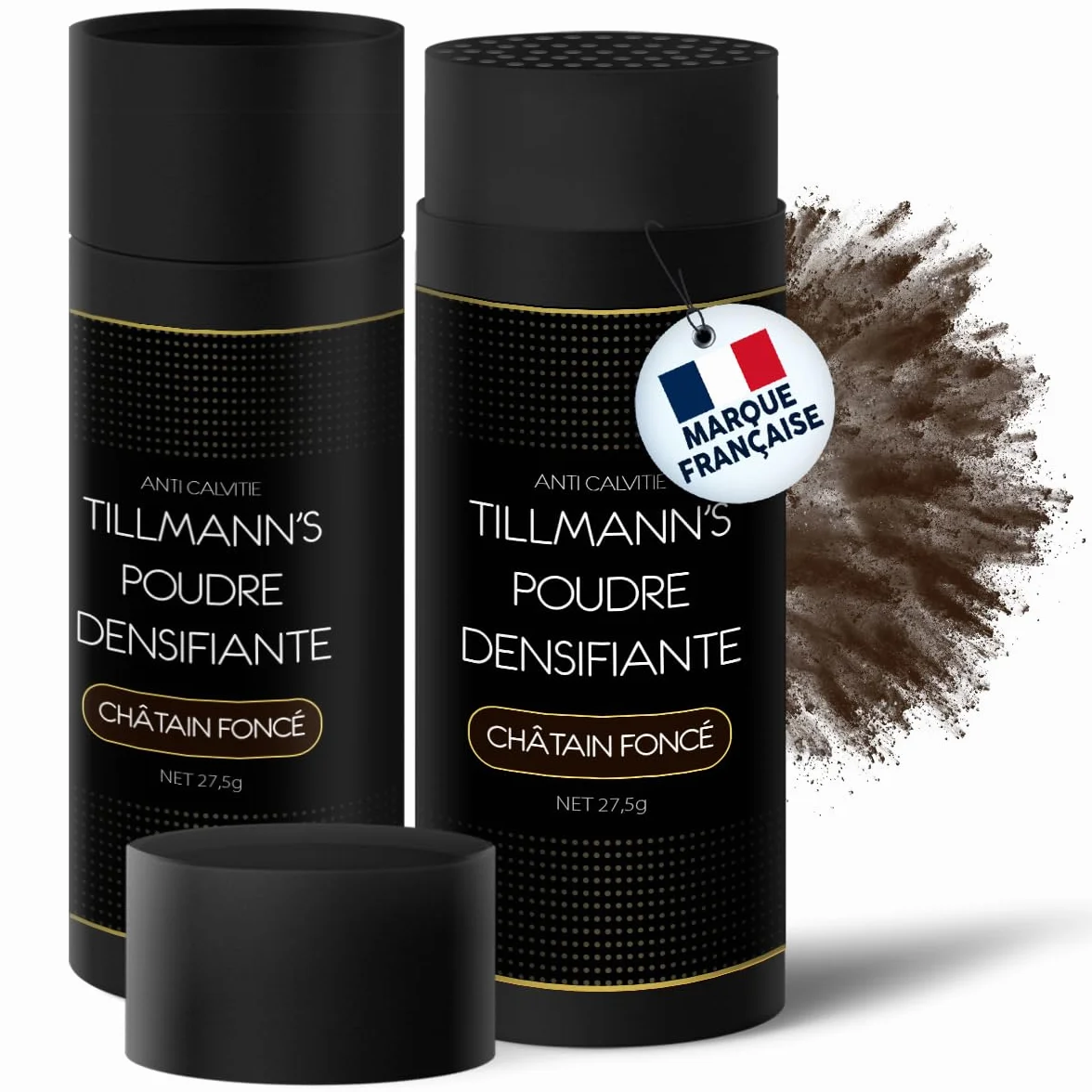 Tillmann's Poudre Cheveux Homme et Femme - Poudre Densifiante Barbe | Fibres Capillaires 27,5G - Châtain Foncé-Brun (2 Bouteilles)