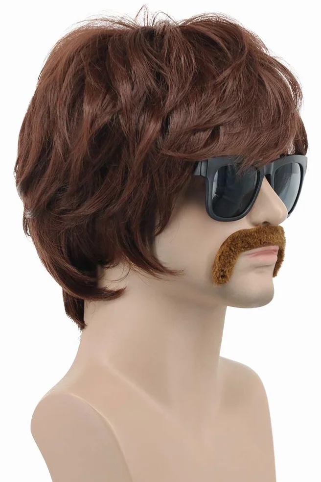 VGbeaty Perruque Courte Marron Brune des Années 60 70 80 pour Hommes avec Moustache Perruque Disco des Chanteurs Stars Hippie pour Carnaval Halloween Déguisement Party