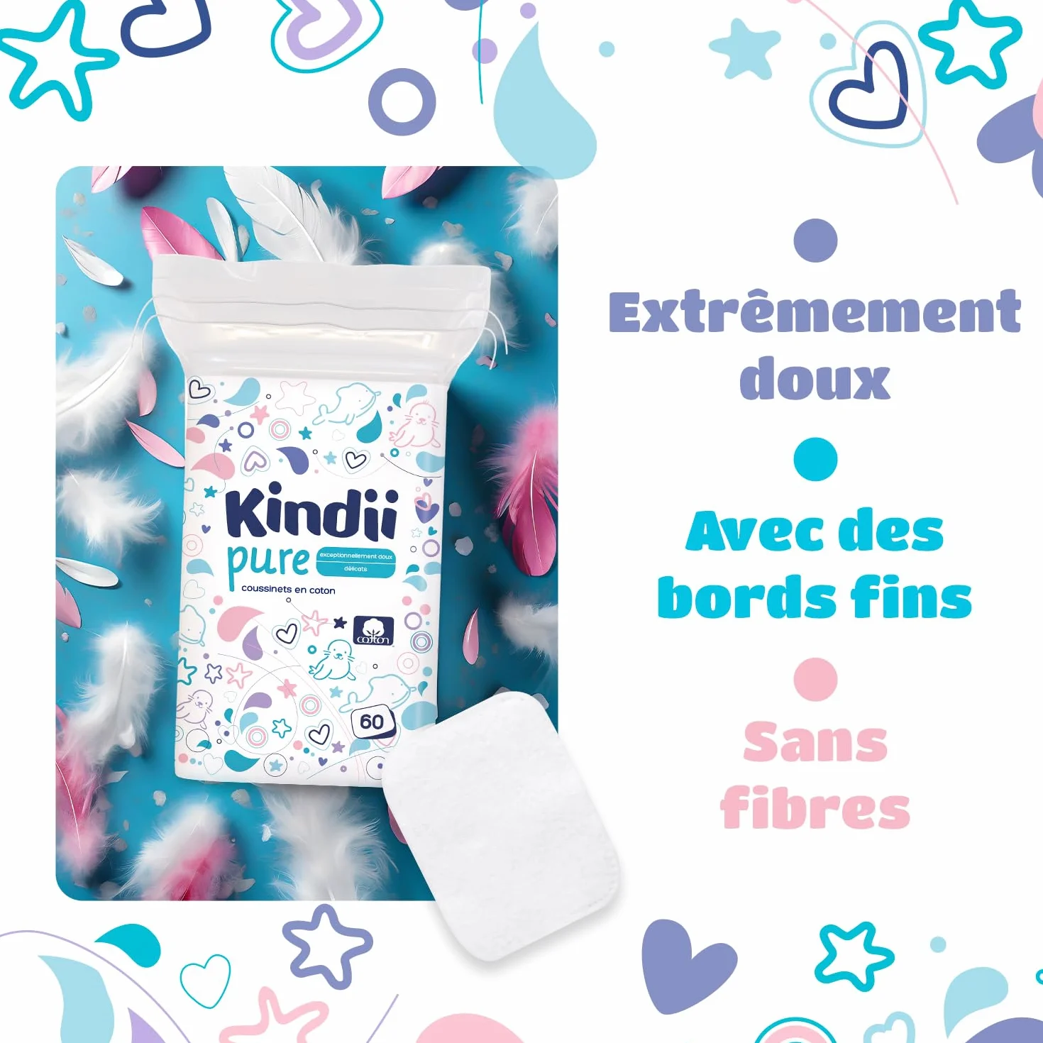 Kindii Tampons Carrés pour Bébé 100% Coton 60 Pièces