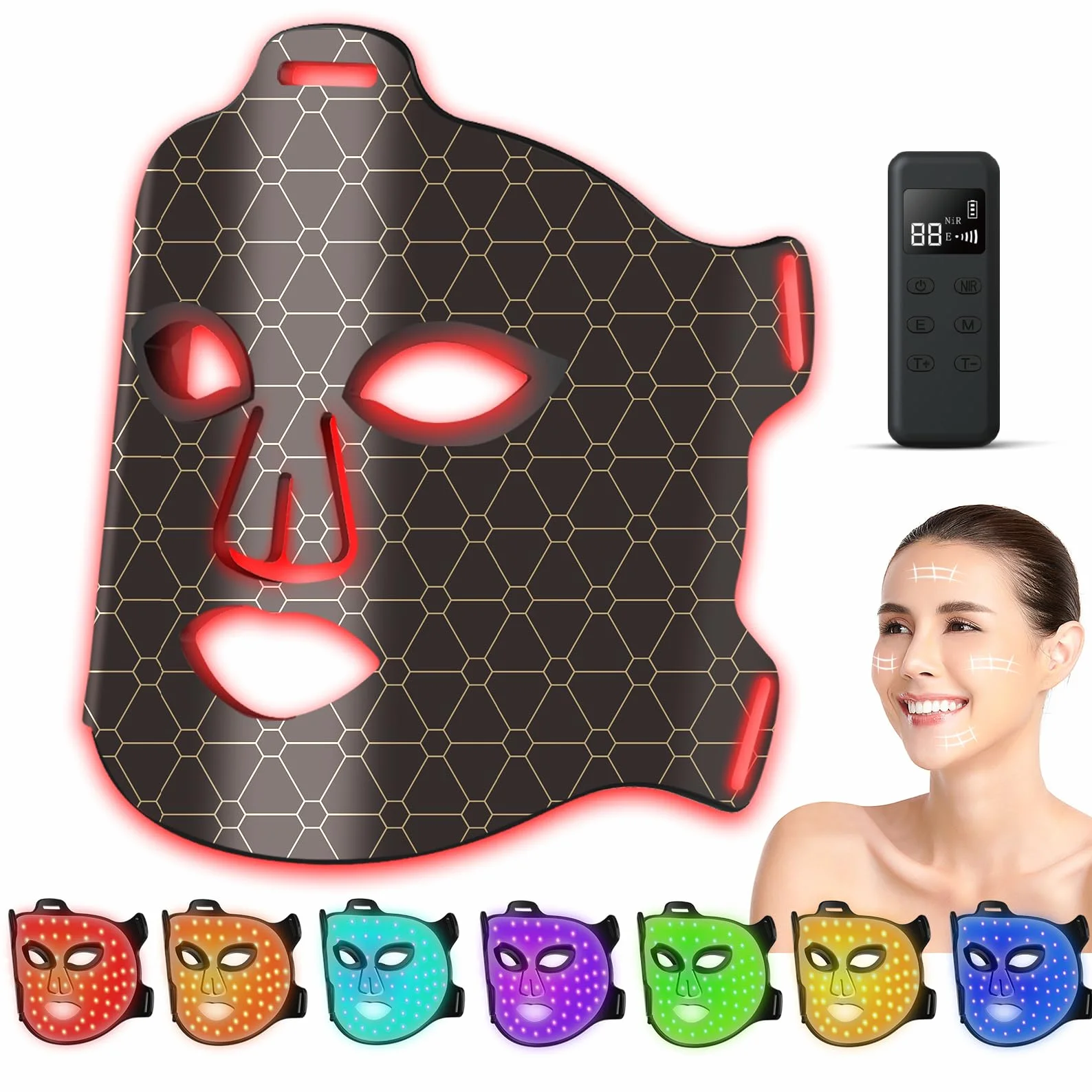 Masque LED Visage Luminothérapie 7 Couleurs, Thérapie Facial a la Lumière Proche Infrarouge, Anti-rides, Anti-âge et Beauté, Masque Lumière Rouge Thérapie pour les Soins de la Peau à Domicile (Noir)
