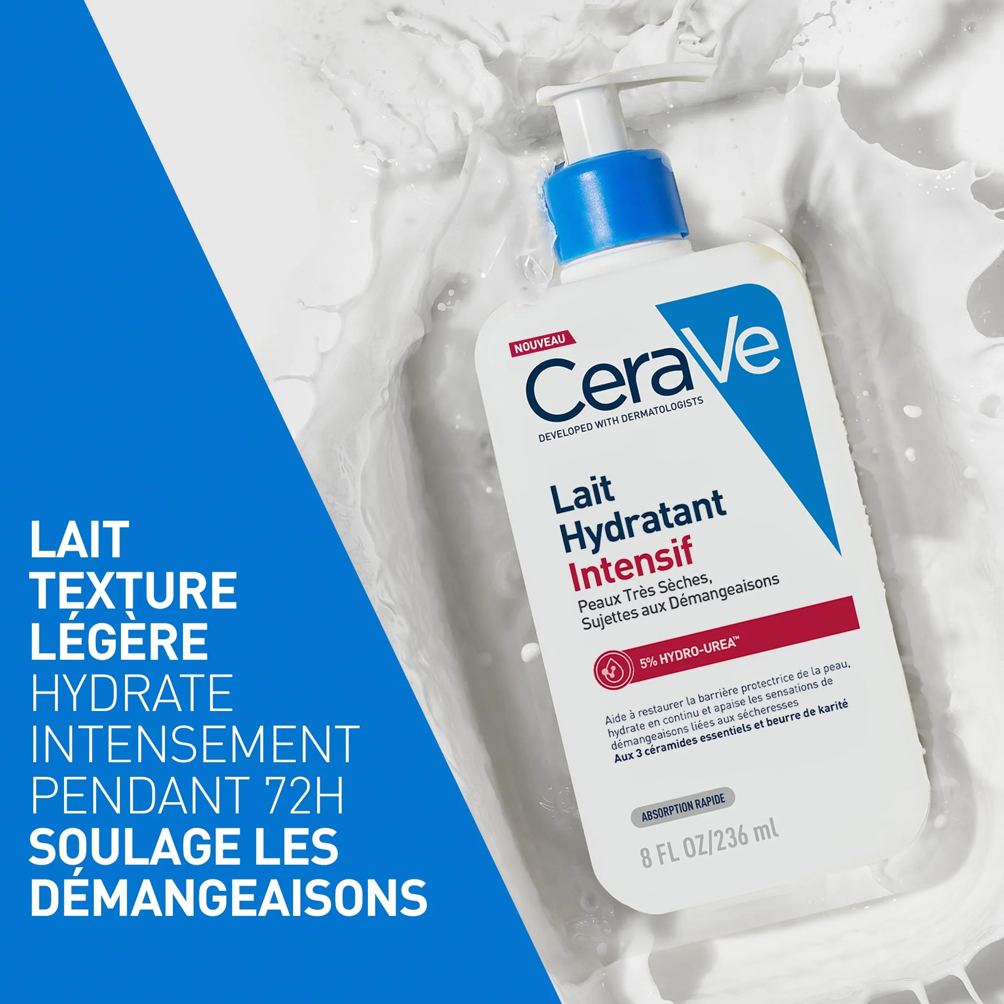 CeraVe Lait Hydratant Intensif Corps et Visage Peaux Très Sèches 72H Hydratation Beurre de Karité 3 Céramides Hydro-Urea Boost Sans Parfum Non Comédogène 236ml
