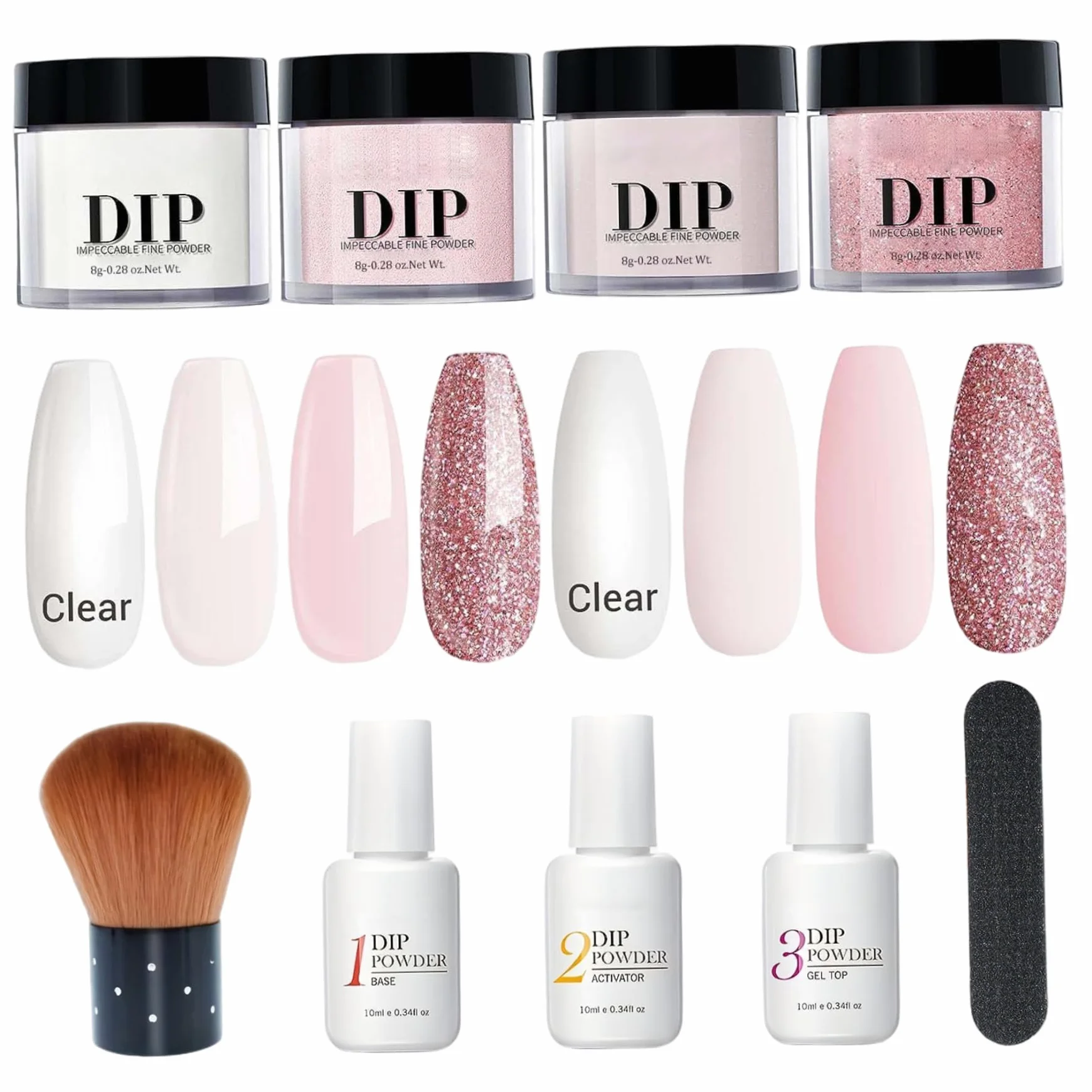 Kit d'ongle en poudre à trempette 4 Couleurs Nail Powder Liquide avec base et Activateur de couche de finition pour Manucure Salon DIY