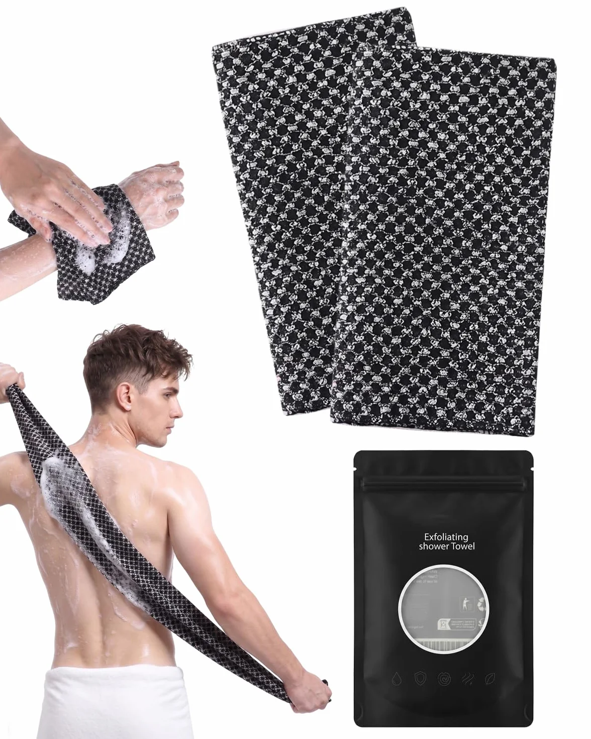 Serviette Exfoliante Japonaise Lot de 2, Exfoliation Douce du Corps, Séchage Rapide, Accessoire Bain Peaux Sensibles (Noir)