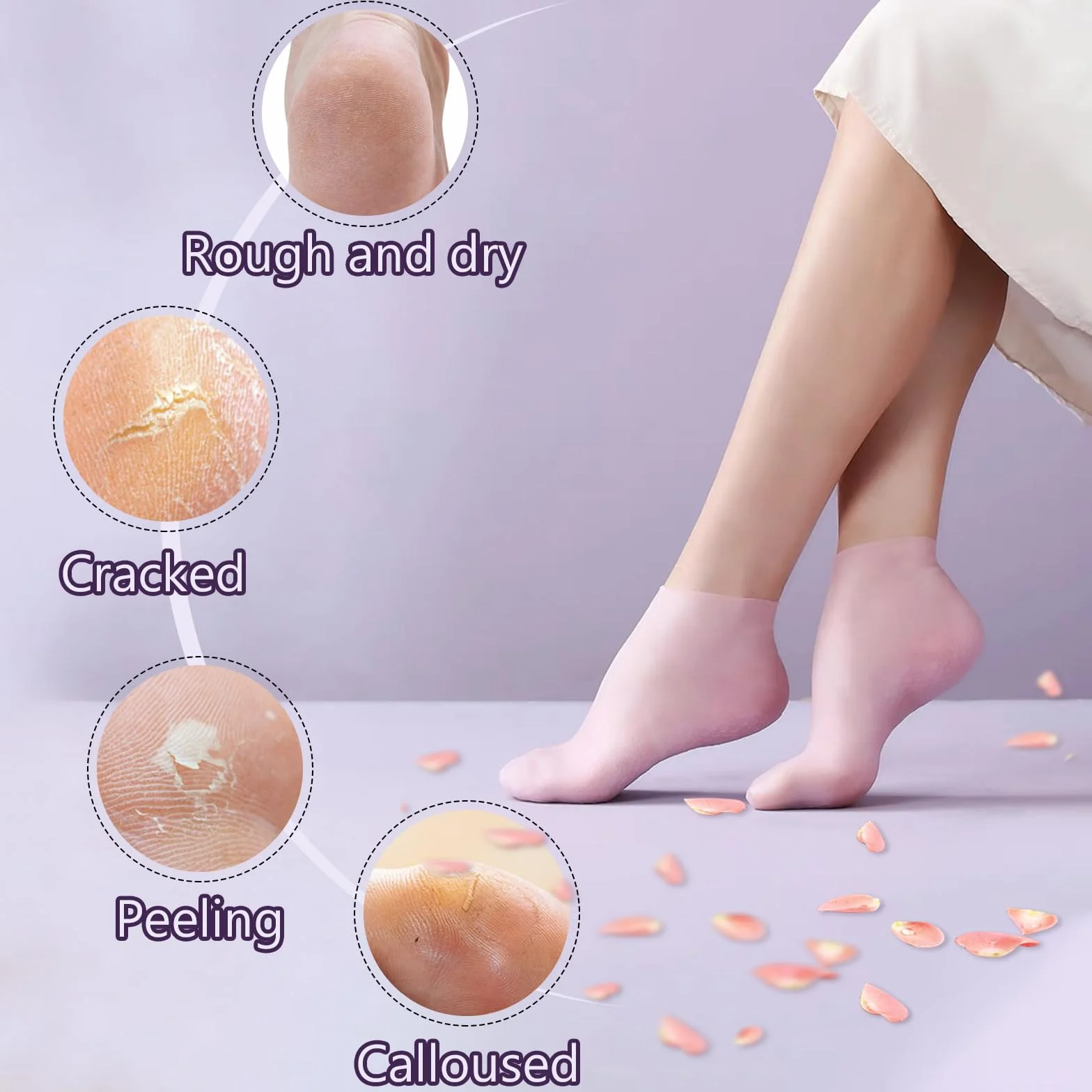 TEAWOO Lot de 2 paires de chaussettes en silicone pour pieds secs et craquelés femme hydrater