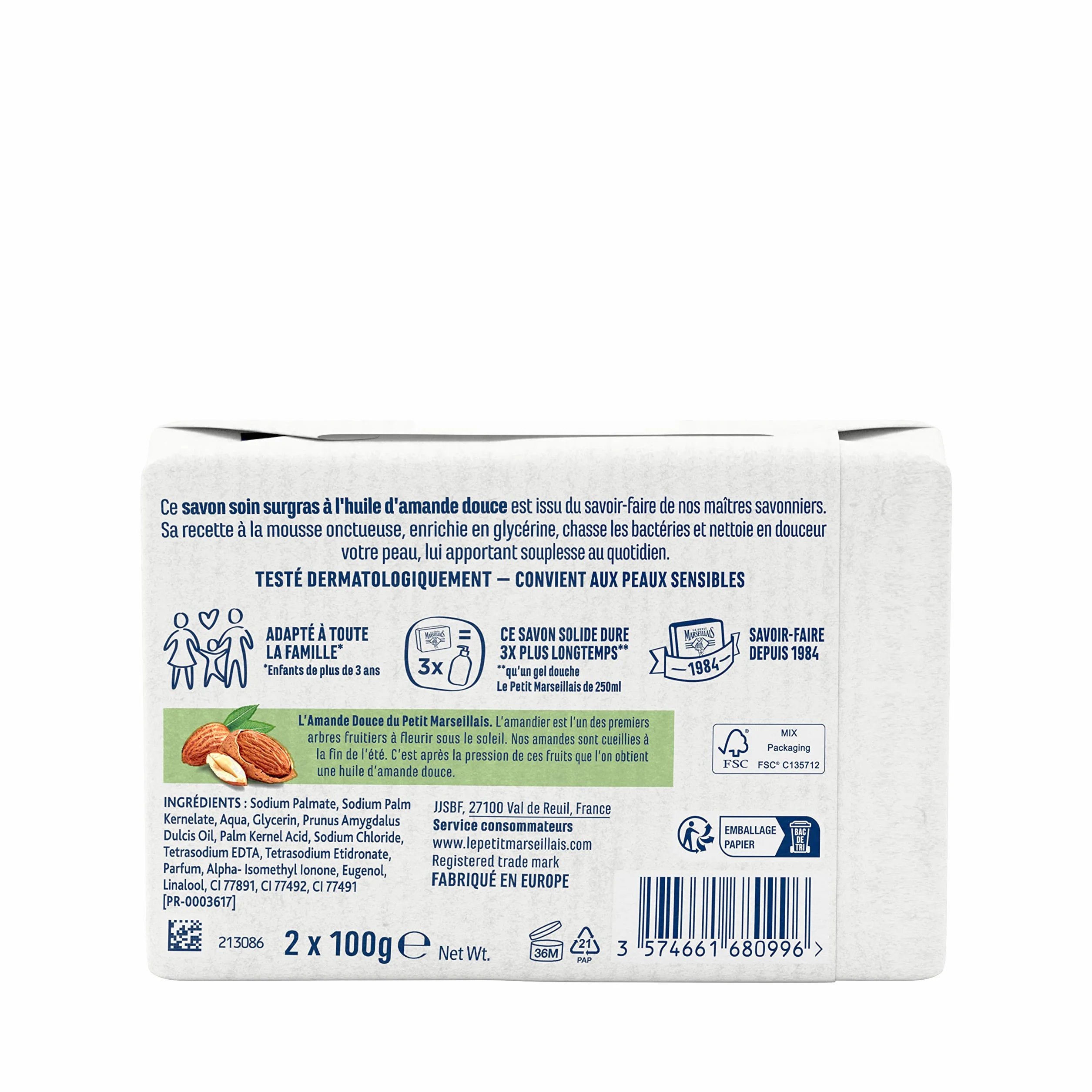 Le Petit Marseillais Savon Soin Surgras Huile d'Amande Douce 2 x 100 g Savon Solide Mains Corps 98% Ingrédients Naturels Emballage Papier Recyclable