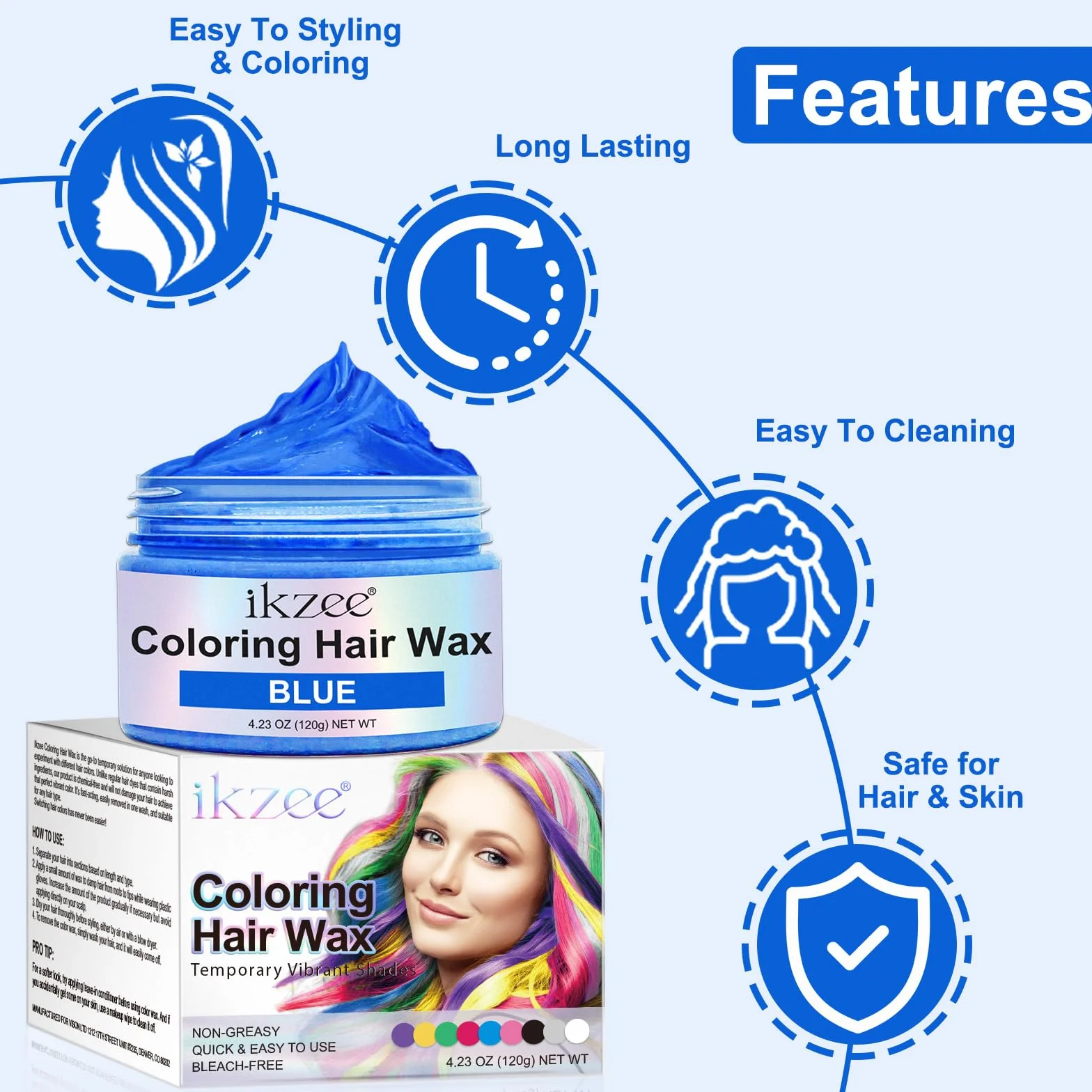 Cire Colorante Cheveux Temporaire Bleu pour Fêtes Halloween Cosplay