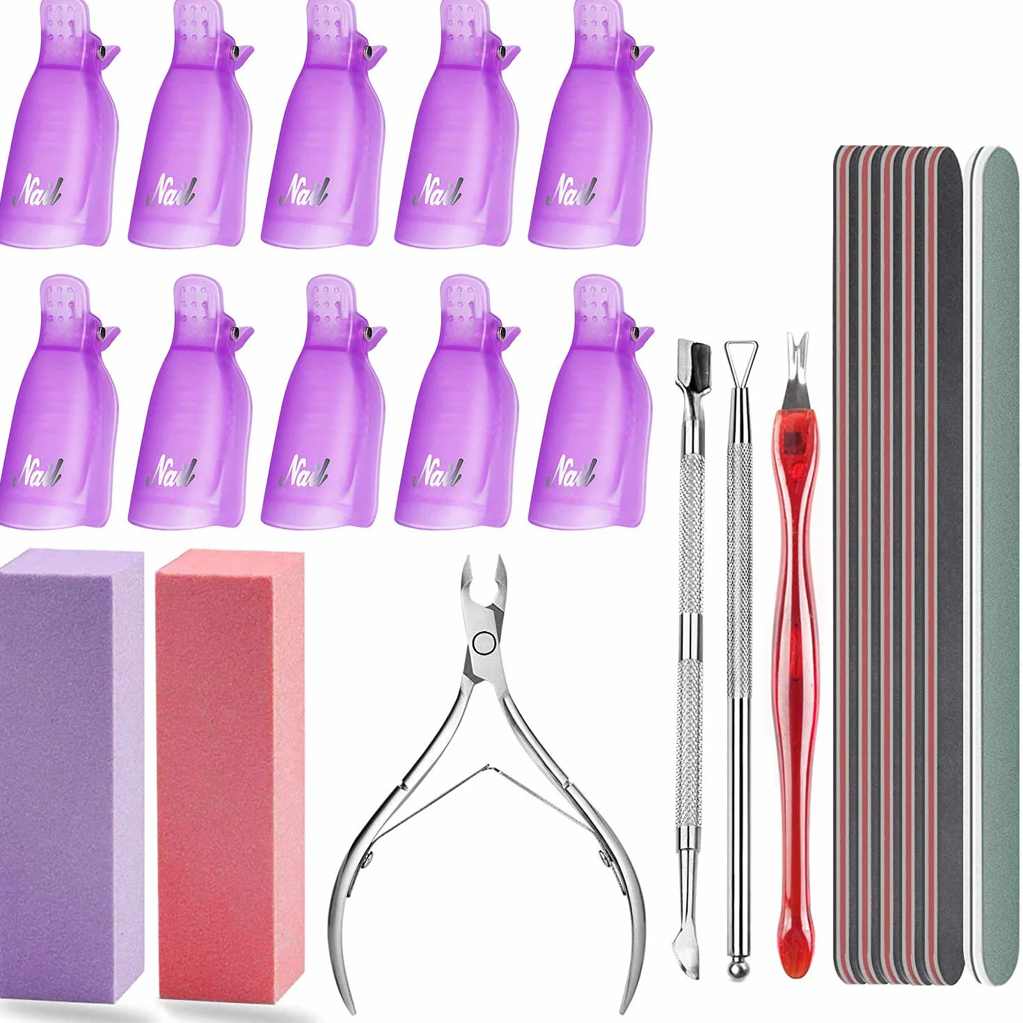 Kit Gel Dissolvant Vernis à Ongles, 10 Capuchons, Lime à Ongles, Poussoir Cuticules, Bloc Polissage