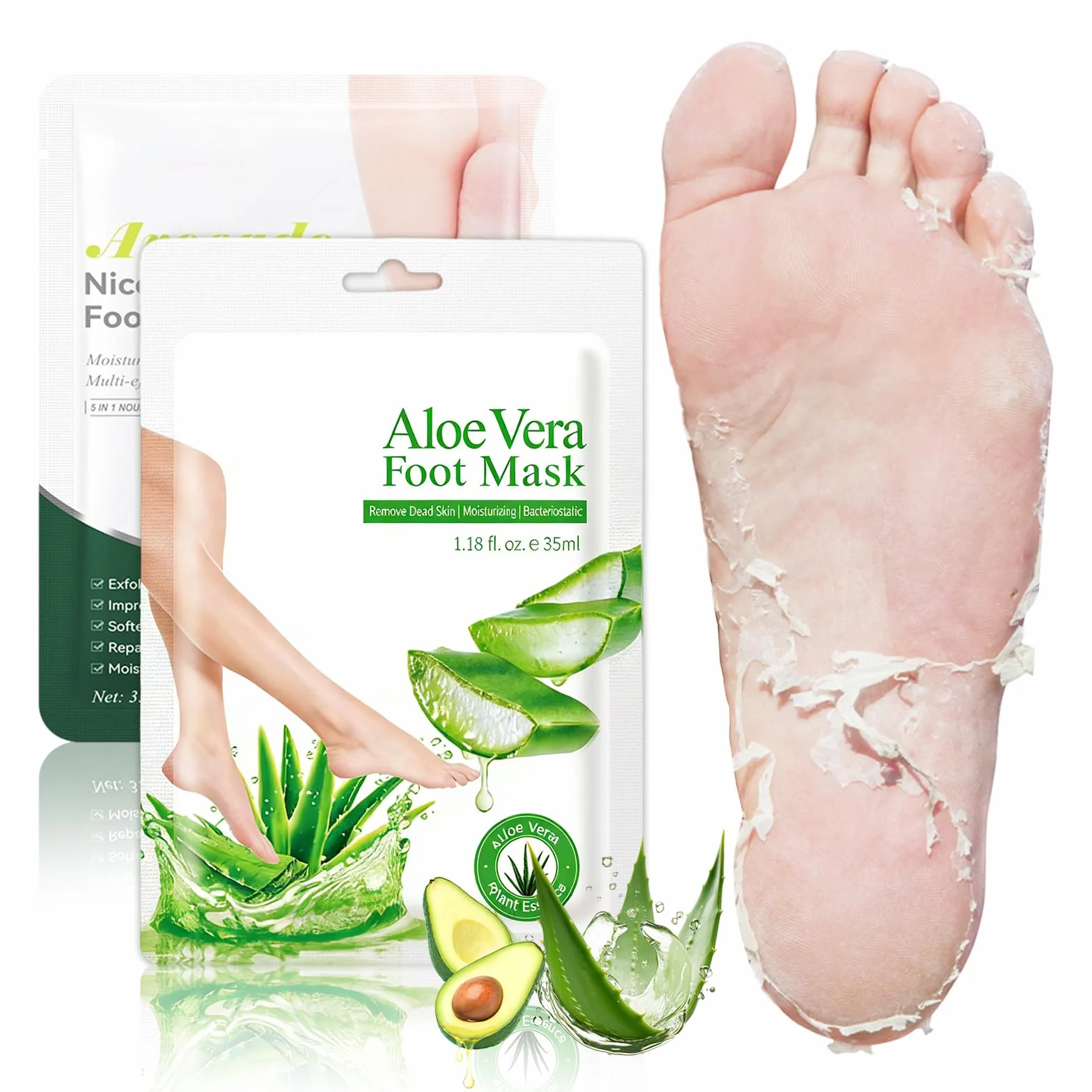 Masque Pieds Peeling Exfoliant Aloe Vera Avocat, Chaussettes Nourrissantes pour Peaux Sèches