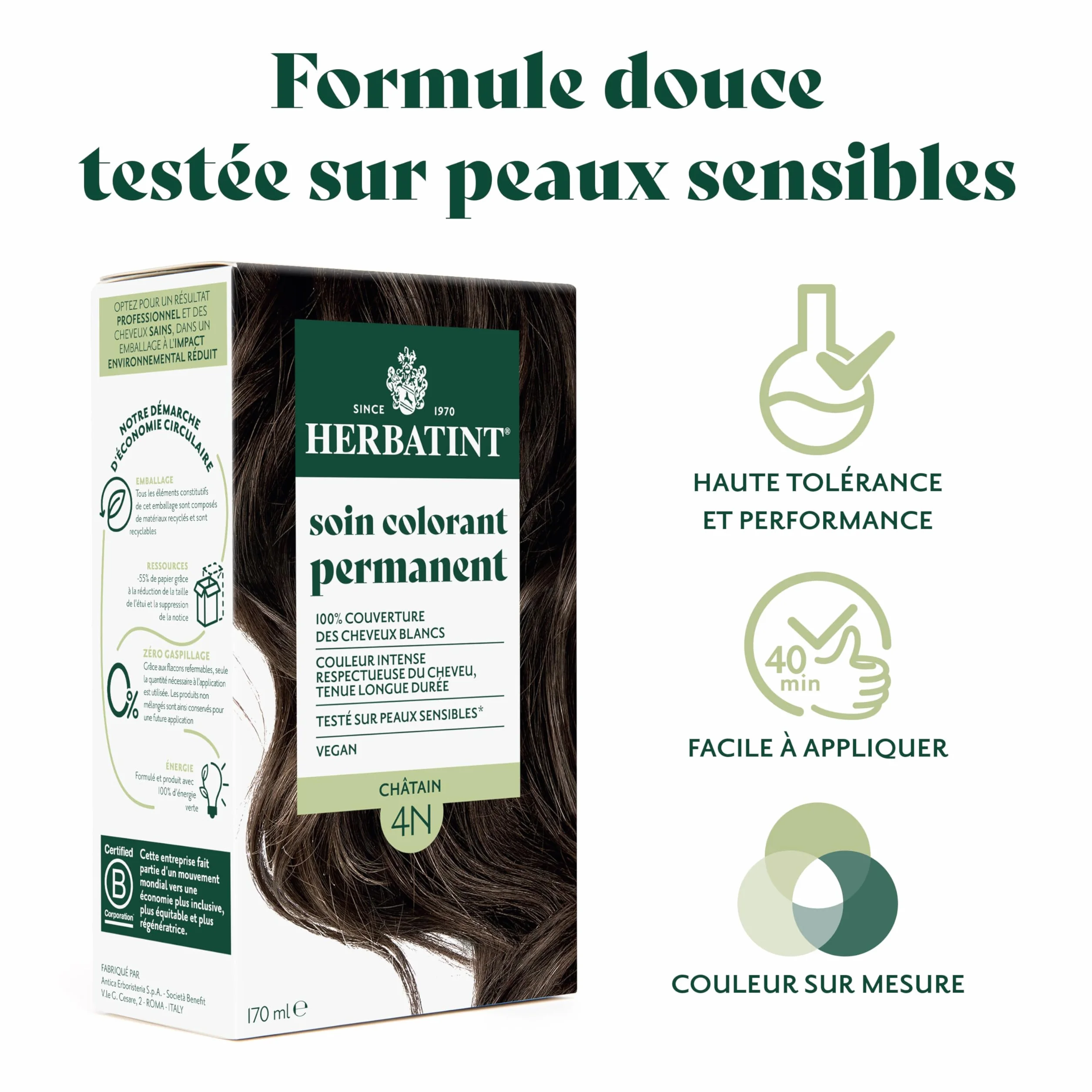 Herbatint Soin Colorant Permanent Cheveux 4N Châtain 170 ml Sans Ammoniaque Couverture Cheveux Blancs