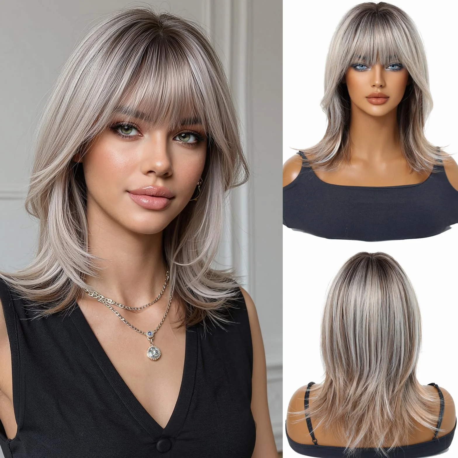 Perruques Blond Cendré pour Femmes Perruques Courtes Dégradées Et Lisses avec Frange Perruques En Cheveux Synthétiques pour Un Usage Quotidien Les Fêtes Ou Le Cosplay