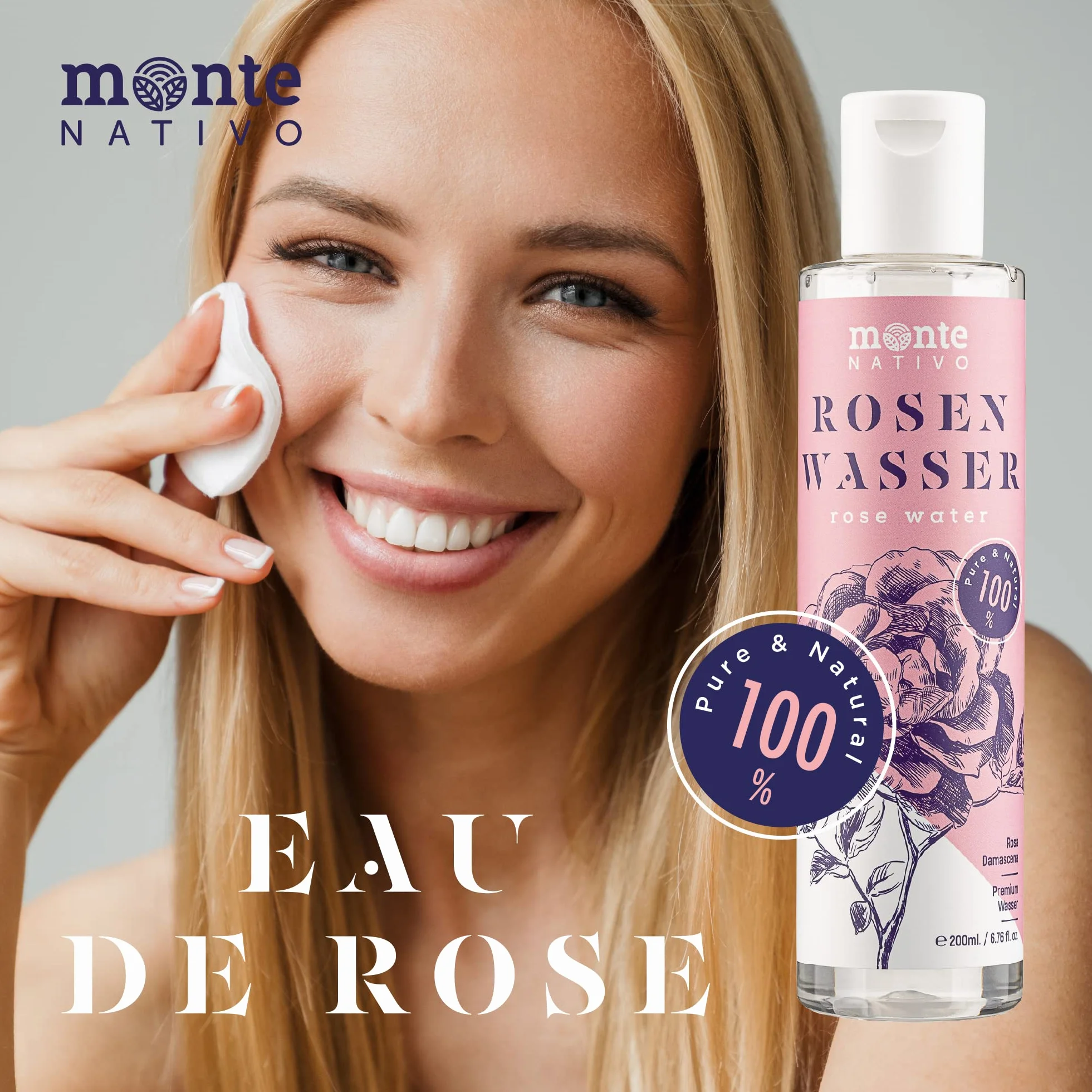MonteNativo Eau de Rose Hydrolat 500ml Lotion Tonifiante Visage Triple Purification