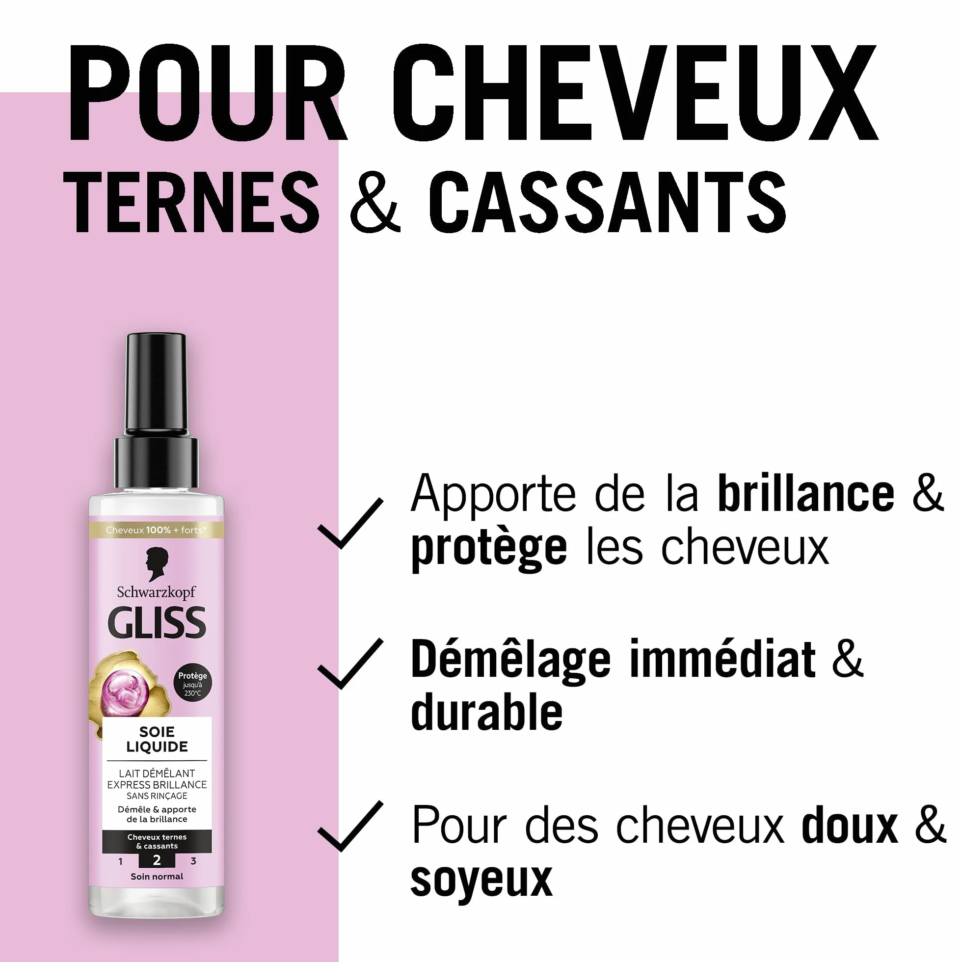 Schwarzkopf Gliss Lait Demelant Express Soie Liquide 200 ml Protection 230°C Cheveux Ternes Cassants