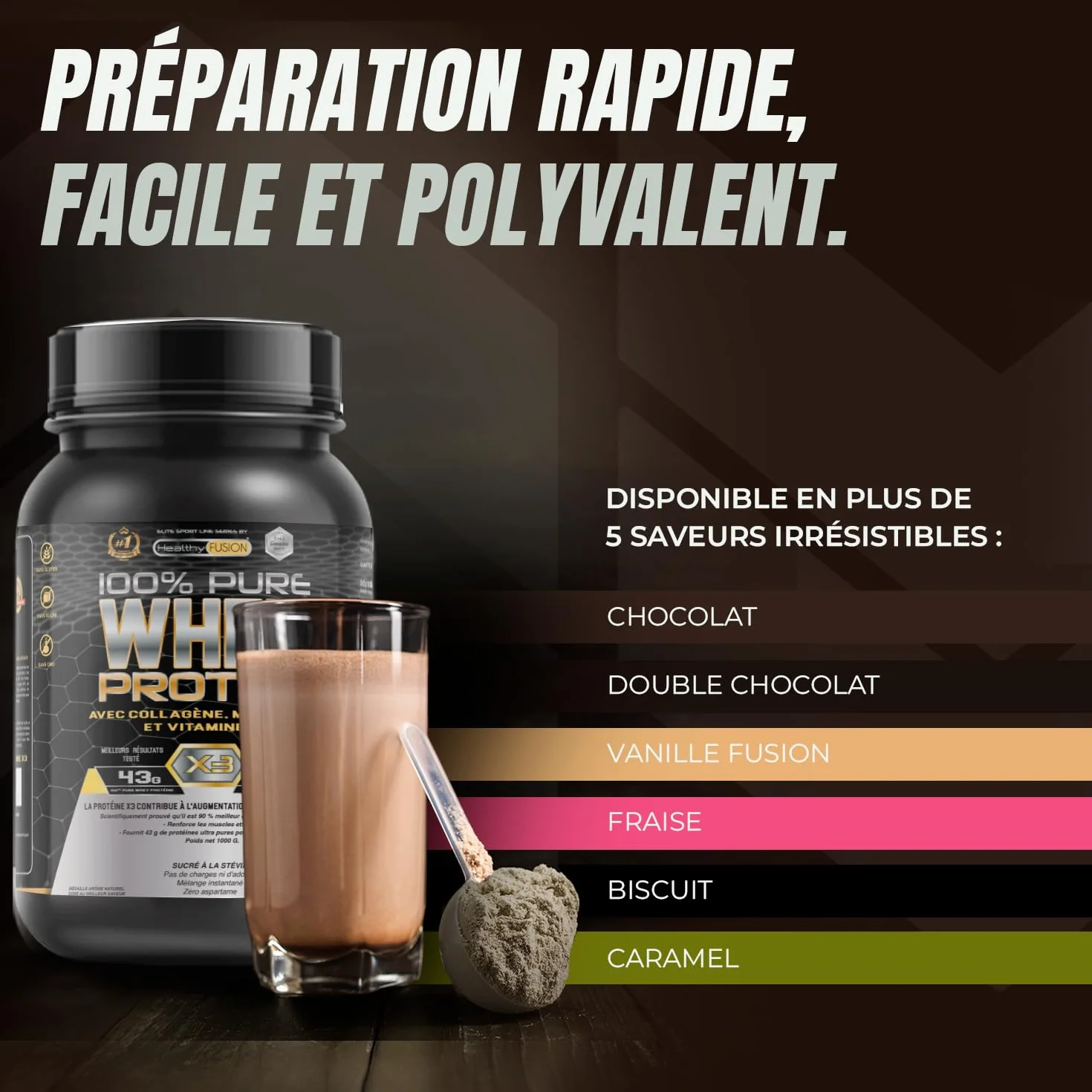 Healthy Fusion Whey Protein 43 g/dose Protéine Whee Pure avec Collagène Magnésium Vitamine B6 Chocolat 1kg