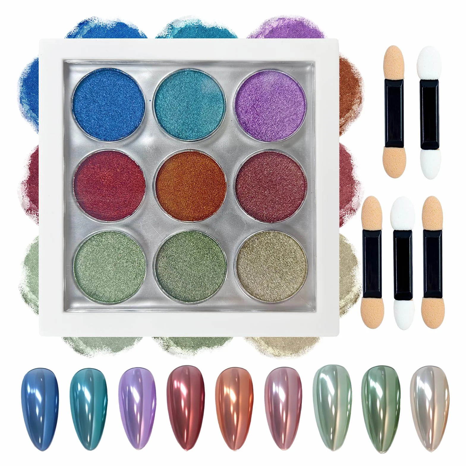 Poudre Chrome Ongle 9 Couleurs, Rouge Bleu Or Vert Mirror Metallic Pigment Glitzerpuder Nail Art avec Baguettes Éponge