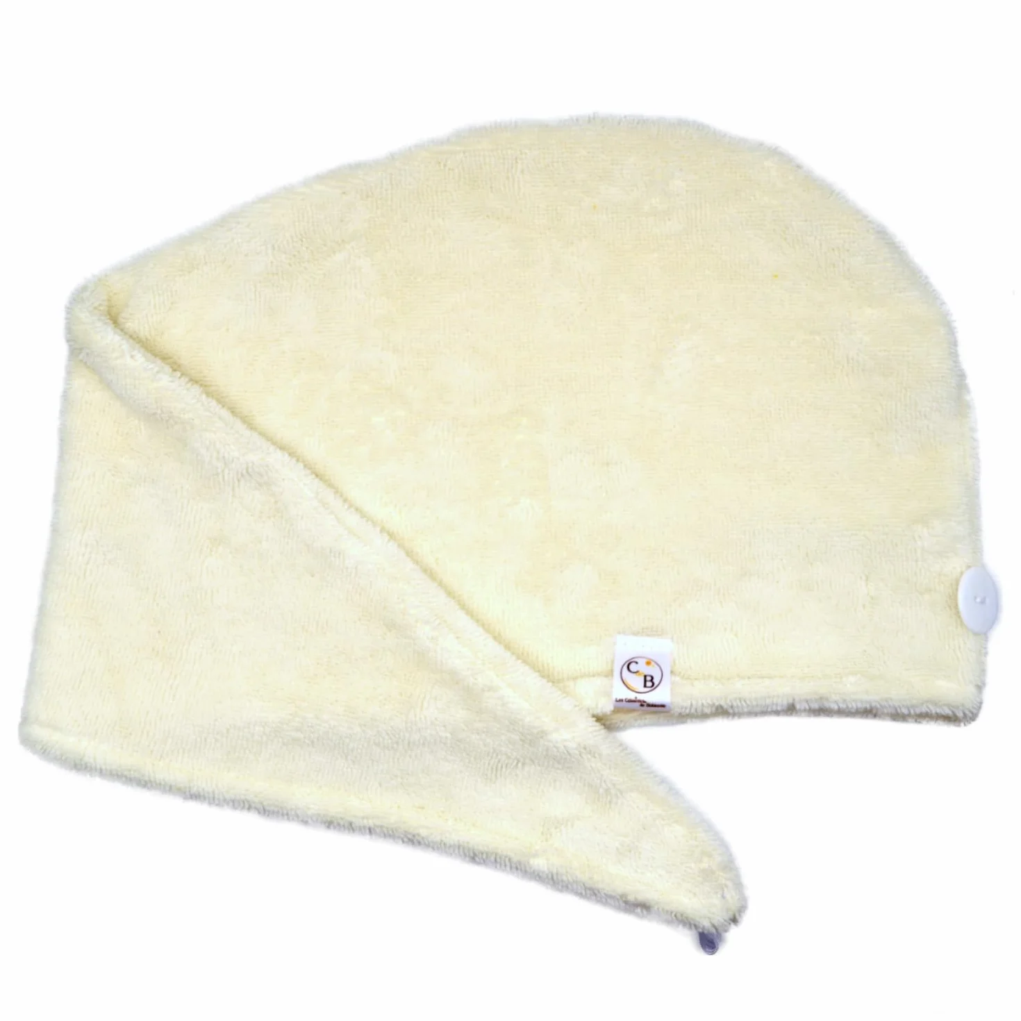 Serviette Cheveux Micro-éponge Bambou x2 - Absorbante Douce Séchage Rapide Turban Fixation Bouton Fabrication française Ecru Cappuccino