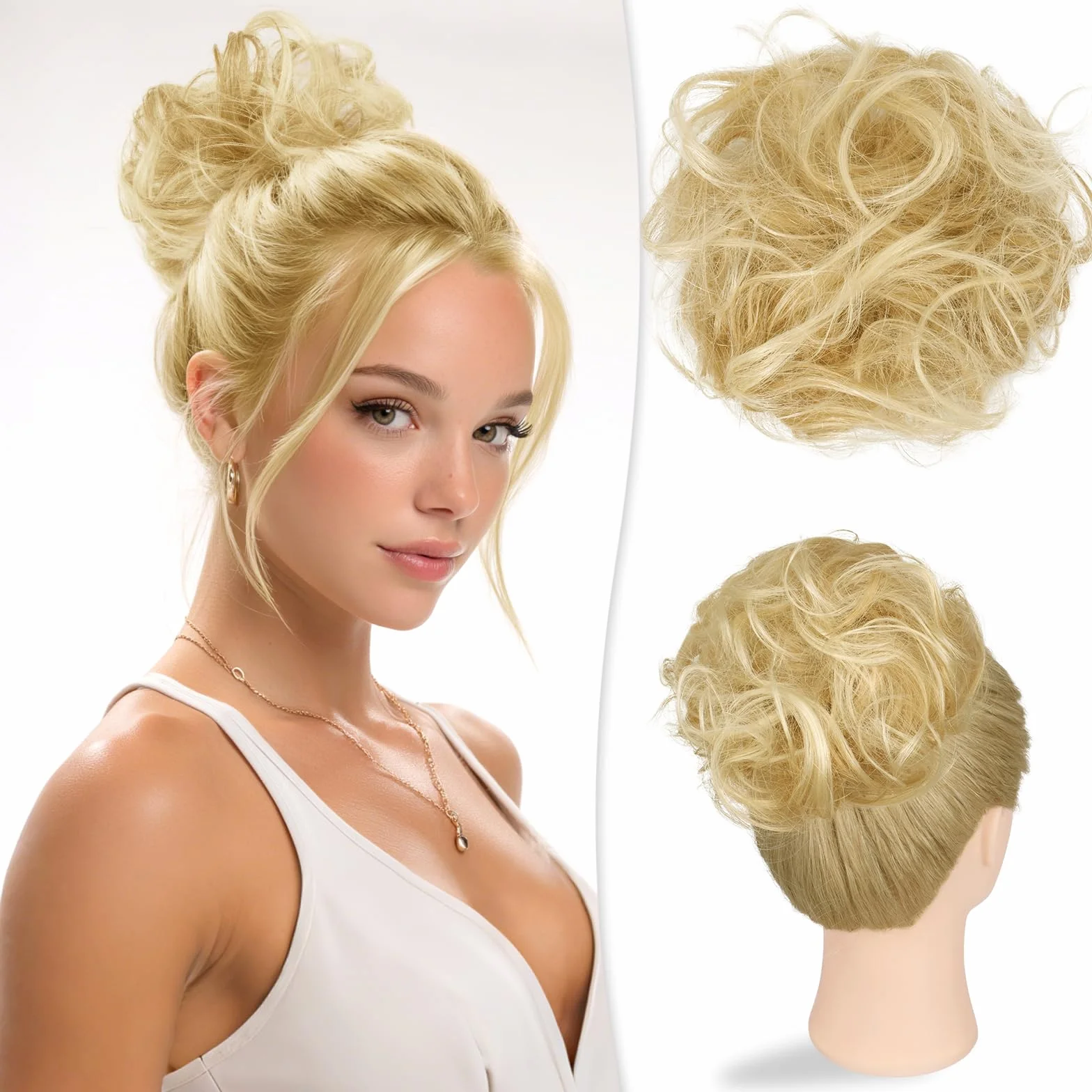 RUWISS Chignon Cheveux Humain, Faux Chignon Bouclés Ondulés Postiche Chignon Chouchou Cheveux Naturel pour Femme, 32g Blond Doré