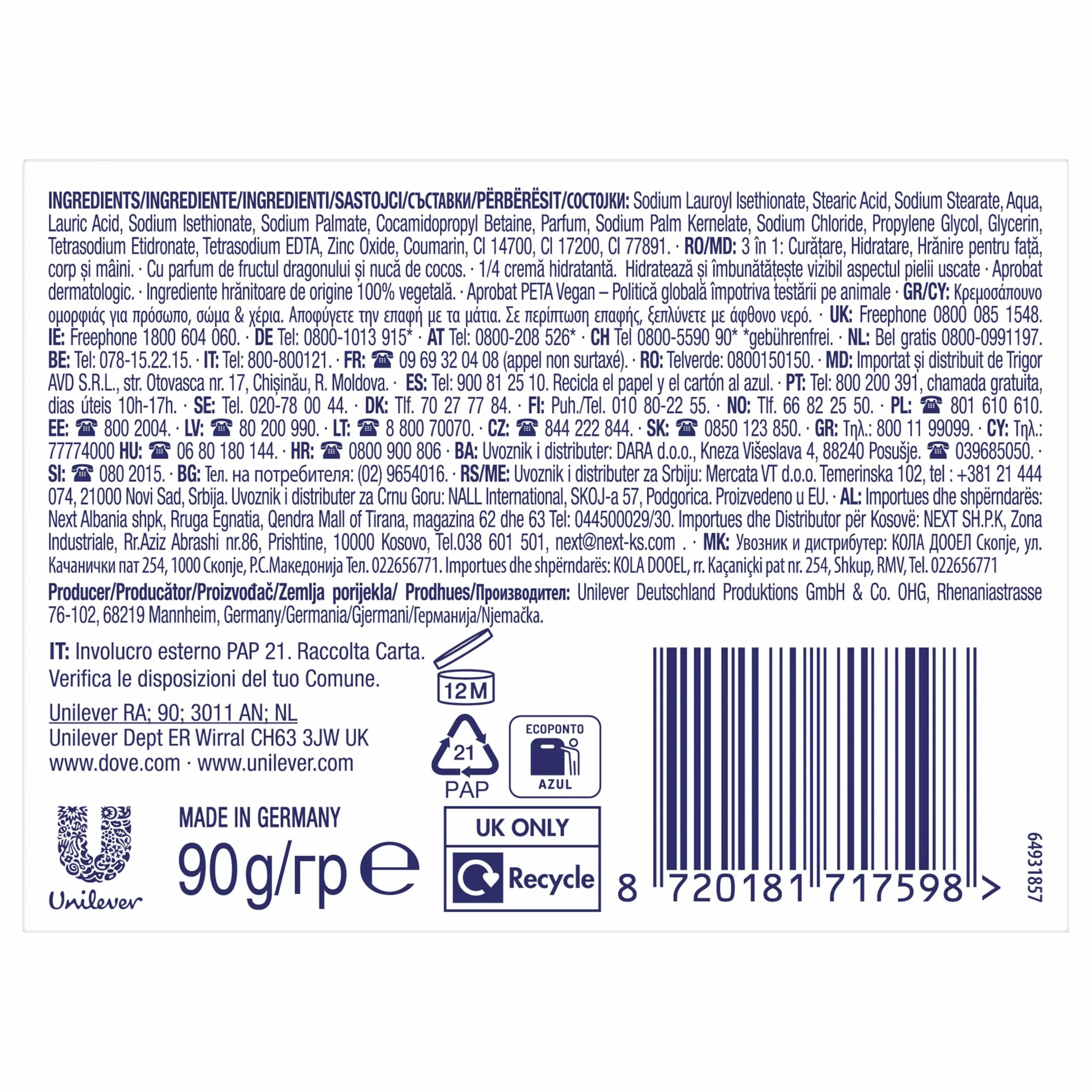 Dove Beauty Bar Savon Dragon Fruit Visage Corps 90ml Crème Hydratante Testée Dermatologiquement