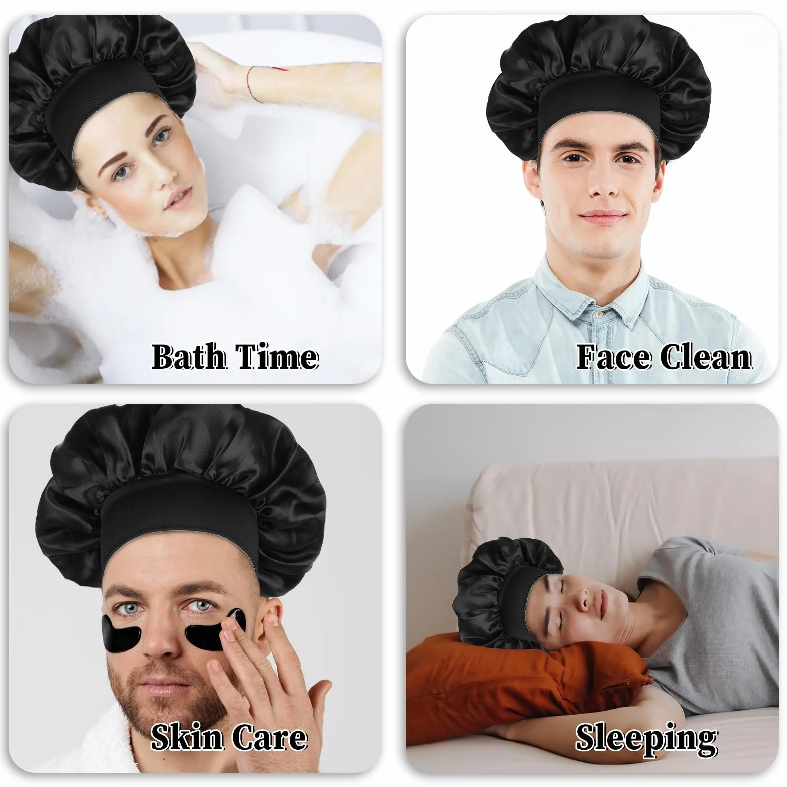 Bonnet en satin pour dormir double couche réversible noir large élastique 1 pièce