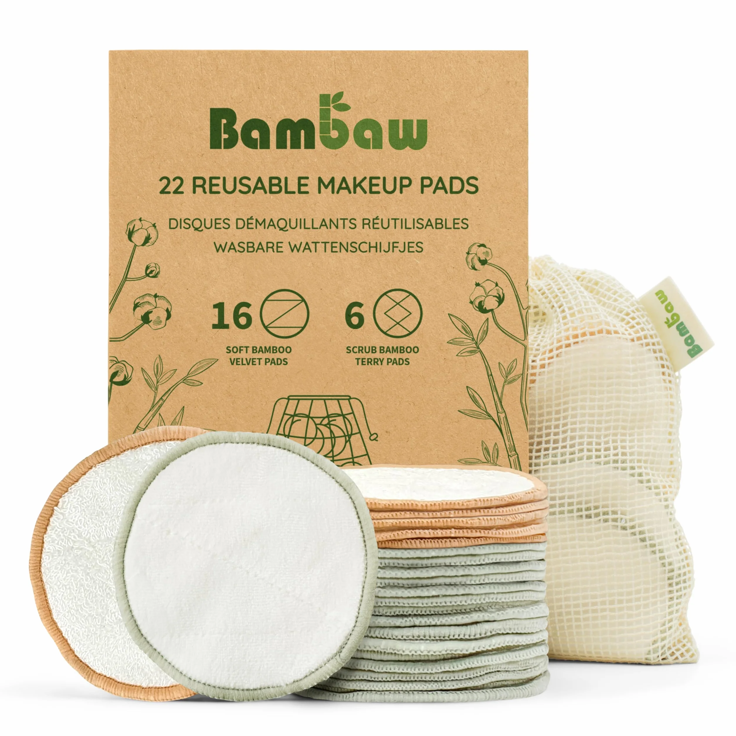 Bambaw Disques Démaquillants Lavables Lot de 22 avec Sac de Rangement