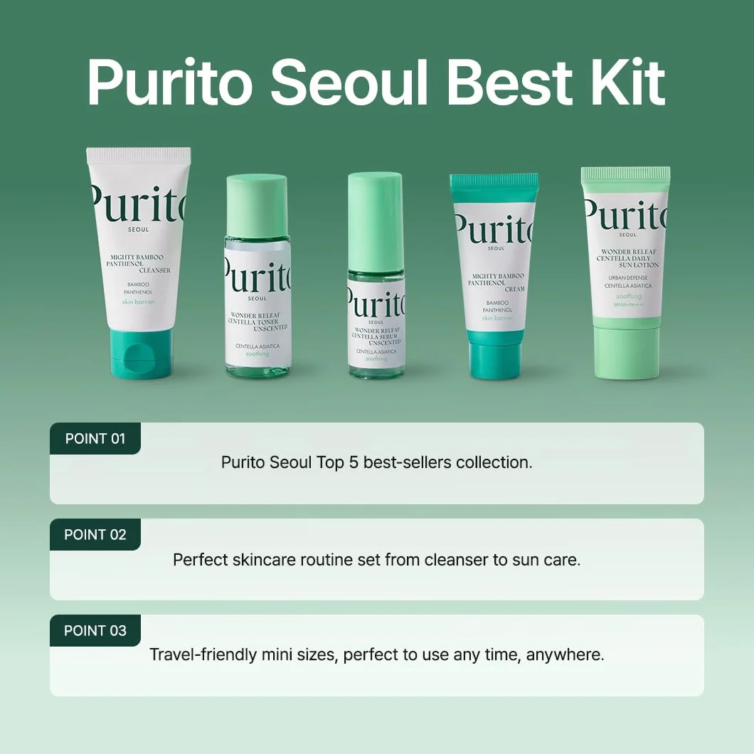 PURITO SEOUL Best Kit - Skincare Routine with Panthenol Cleanser & Cream, Unscented Centella Serum & Toner, Sun Lotion For All Skin Types, Gift Set, For Face, Facial Serum, K-Beauty, 3.52 fl. oz.