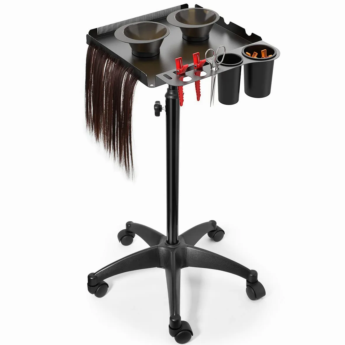 Plateau Roulant de Salon avec 2 Bols magnétiques, Plateau en Aluminium réglable de Hauteur en métal sur Roues pour Le Style de Cheveux, Outil d'extension, Tatouage - Roues adhésives