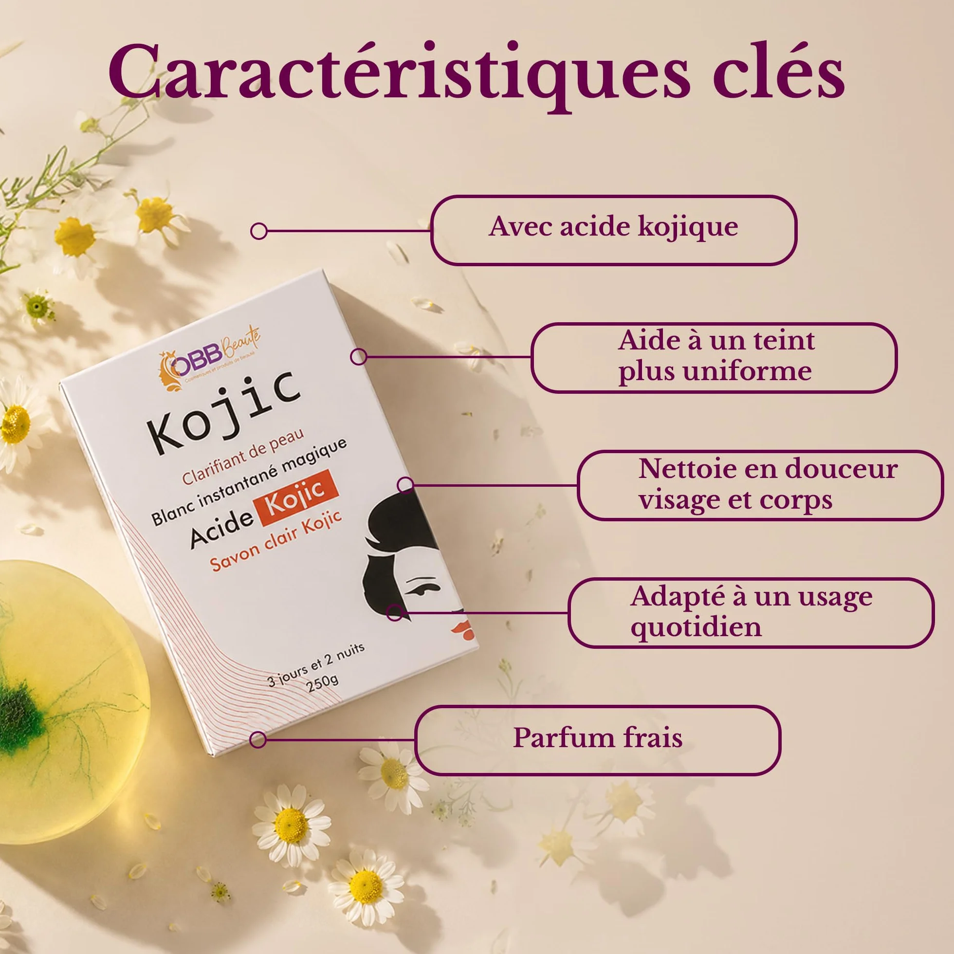 OBB Beauté Savon Kojic Éclaircissant 250g Clarifiant Acide Kojique Teint Unifié Éclat