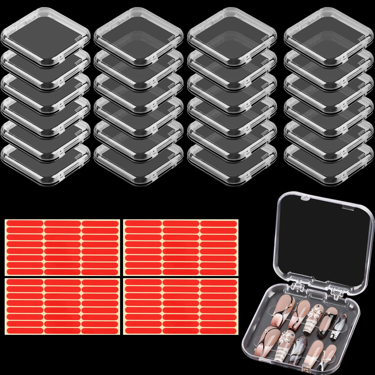 24 pièces Ensemble Boîtes Rangement pour Ongles, Kalolary Boîte Rangement Transparente Faux Ongles avec 4 feuilles Ruban Adhésif Double Face Amélioré Présentoir Transparent Faux Ongles Presser Salon