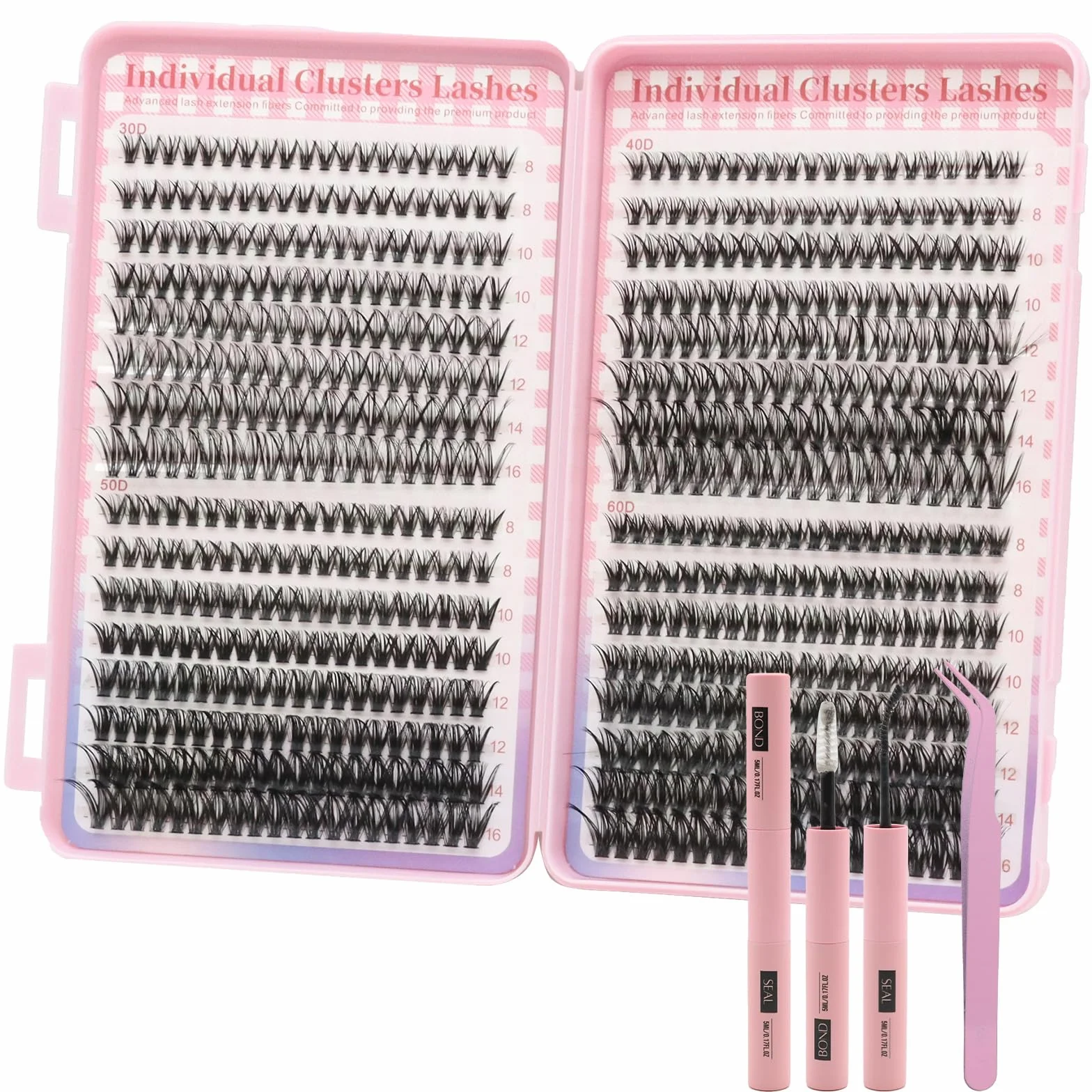 VEGCOO 640 Pièces Faux Cils Individuel 30-40-50-60D Kit d'Extensions de Cils Naturels Courbés 8-16 mm