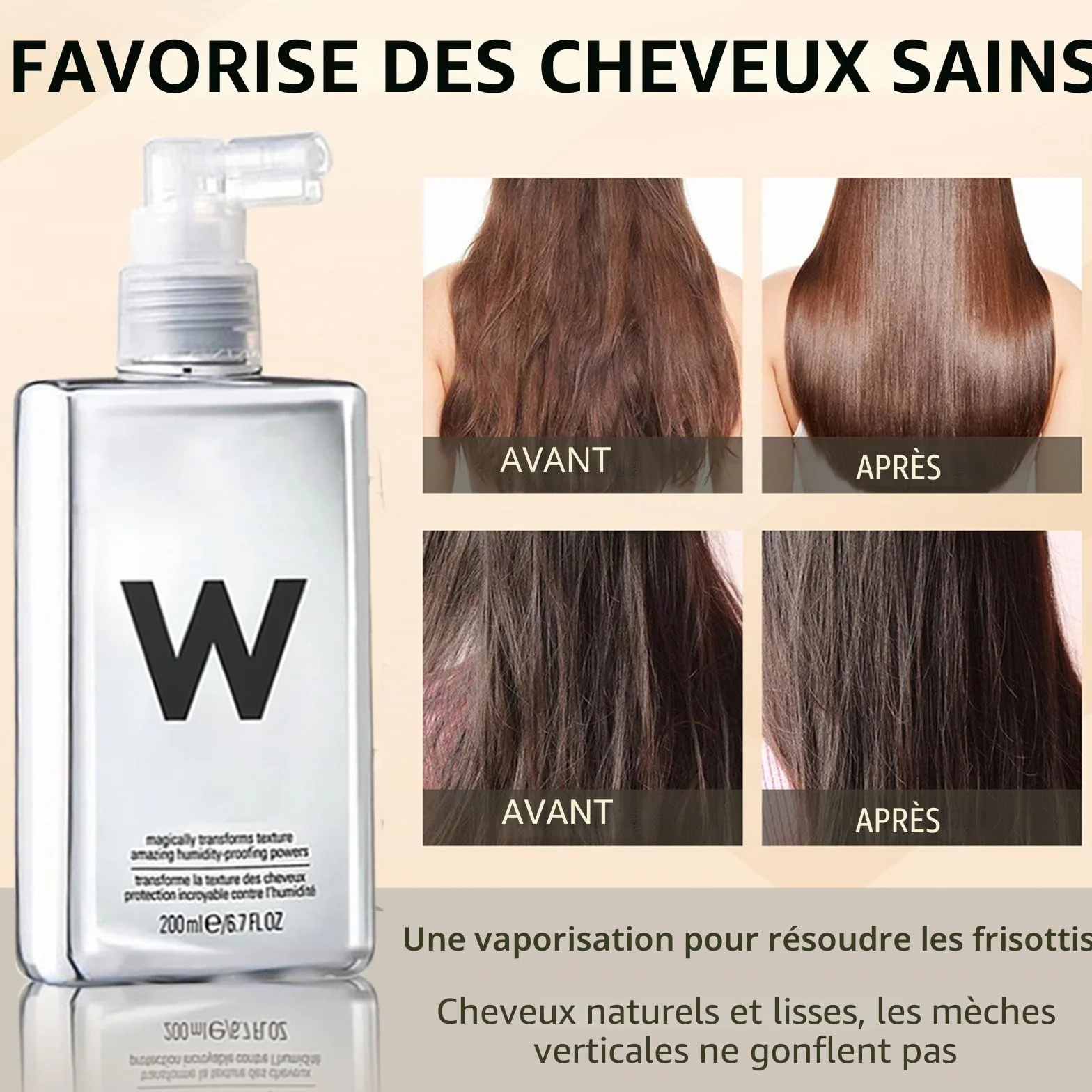 Spray anti-frisottis pour tous les types de cheveux, cheveux super lisses, protection contre la chaleur, spray brillant pour cheveux souples, 200 ml