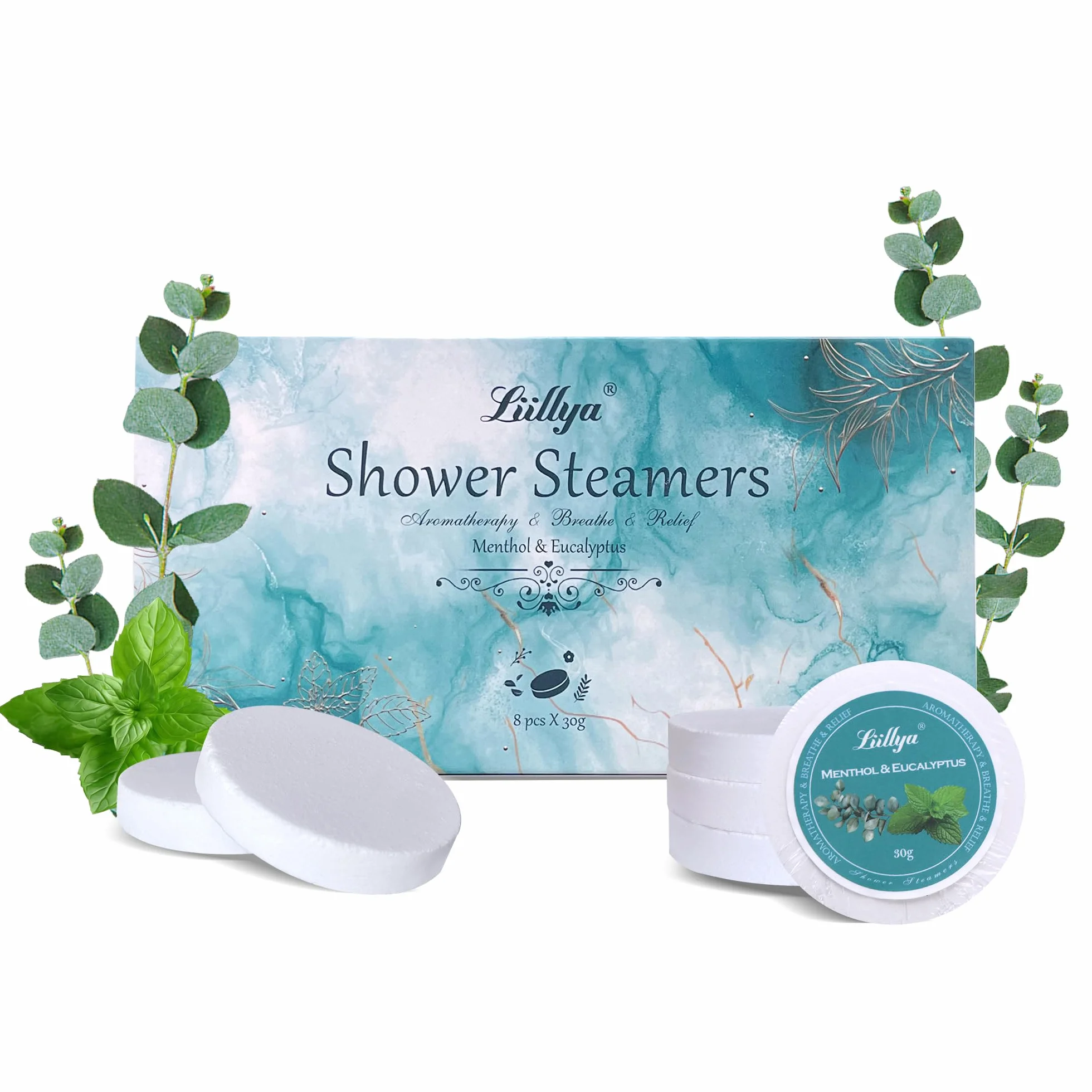 Bombe de Douche d'Aromathérapie Menthe & Eucalyptus, Lot de 8 Vapeur de Douche aux Huiles Essentielles