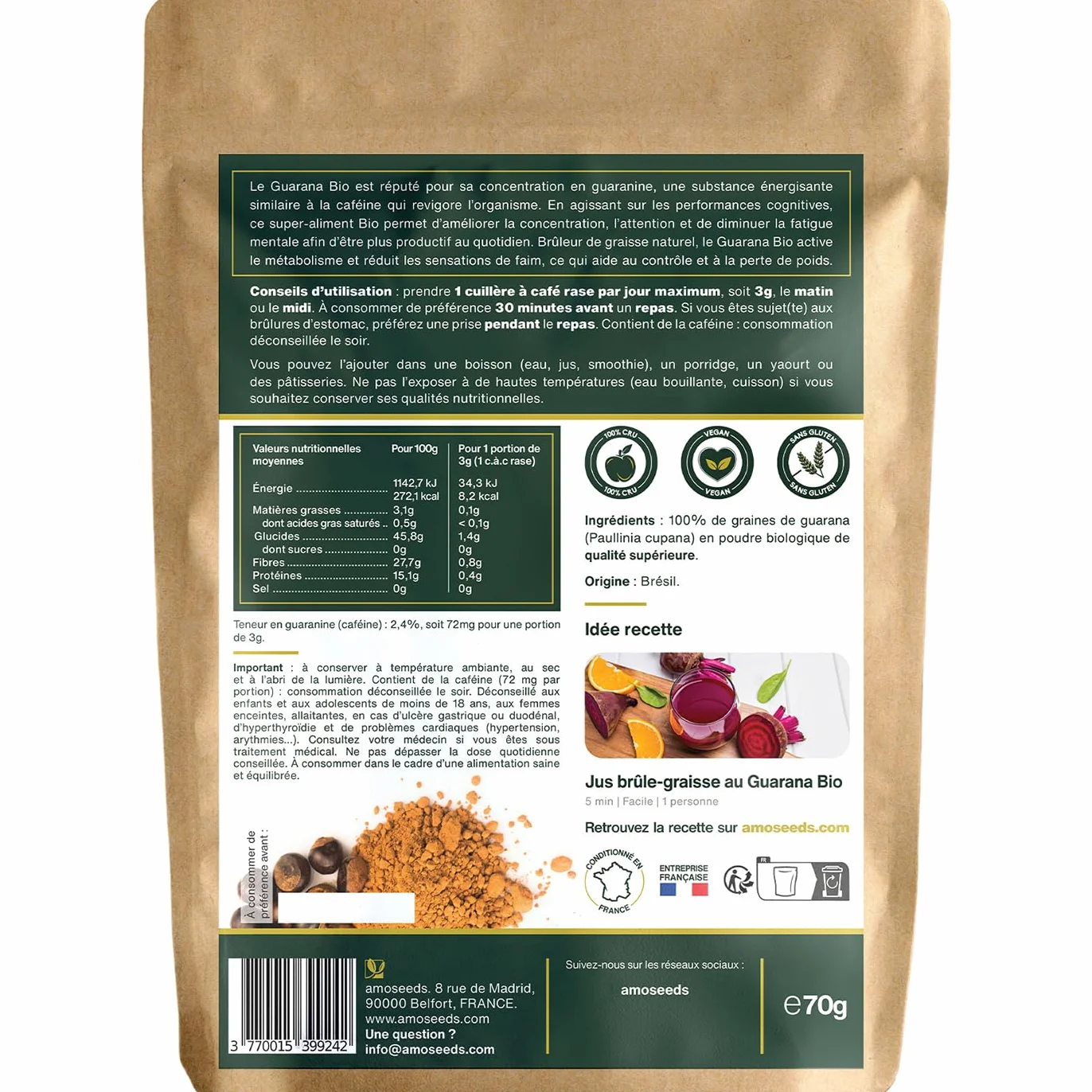 Guarana en Poudre Bio 70G | Contrôle du Poids, Énergie, Boost Mental