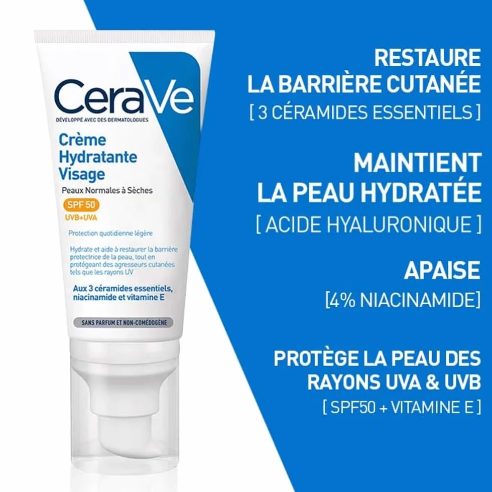 CeraVe Crème Hydratante Visage SPF50 Protection UVB UVA Acide Hyaluronique Céramide Niacinamide Vitamine E Peau Normale à Sèche 52 ml