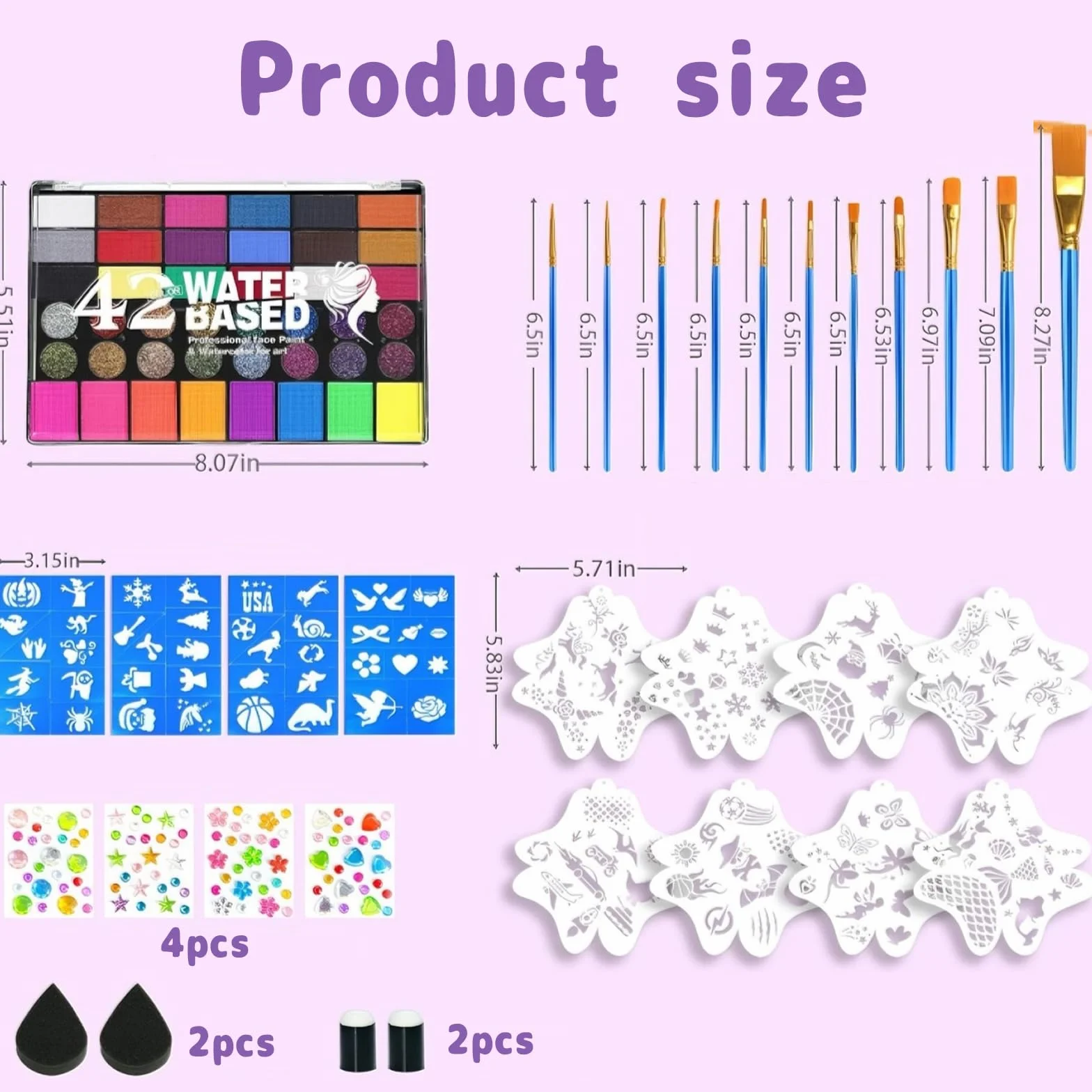 Palette Maquillage Enfant 42 Couleurs, Peinture Corporelle Visage avec 10 Pinceaux, 8 Pochoirs, 4 Éponges, Autocollants & Strass, Idéal Carnaval, Anniversaire, Halloween