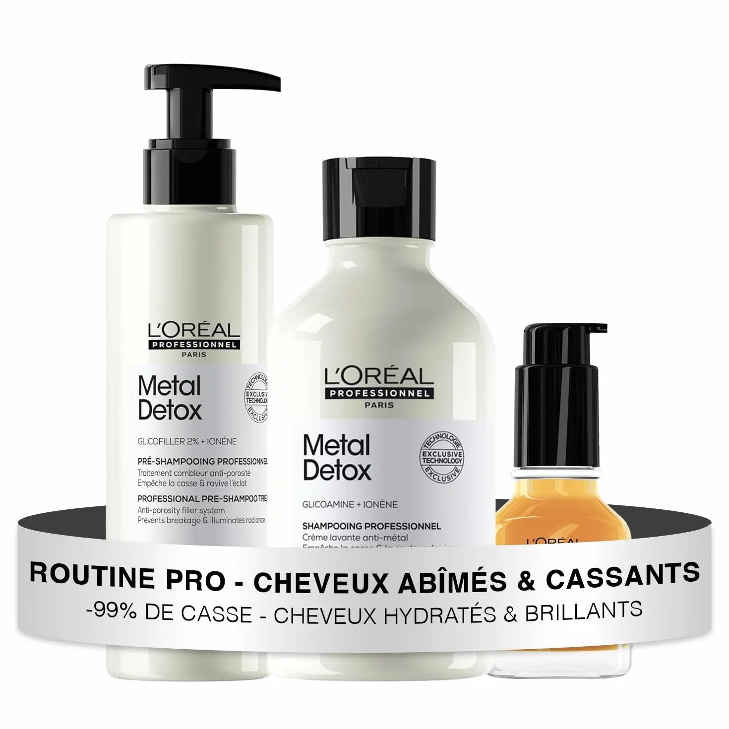 L'OREAL PROFESSIONNEL - Routine Pour Cheveux Abîmés & Cassants - Metal Detox - -99% de Casse - Cheveux Hydratés & Brillants - Pré-Shampoing (250ml) + Shampoing (300ml) + Huile (50ml)