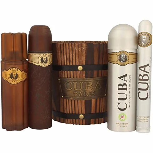 Coffret cadeau Cuba 5 pièces : 1 eau de toilette Cuba, déodorant (200 ml), 1 après-rasage Cuba (100 ml), (35 ml), 1 seau en bois.