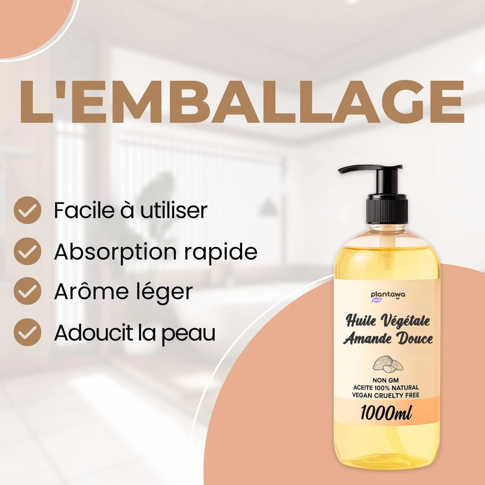 PLANTAWA Huile d'amande douce 1 l BIO avec dosificateur