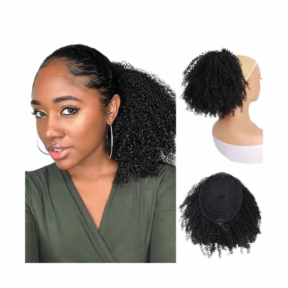 Health Extension de queue de cheval afro courte bouclée avec cordon de serrage pour femme noire Synthétique Afro Puff Queue de cheval avec clips Soins personnels (Noir)