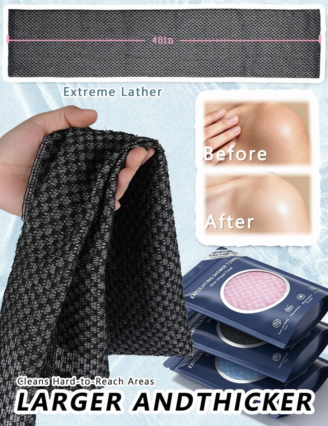 Ecovia Serviette Exfoliante Douche Fibres Bambou Charbon Actif Exfoliation Douce Peaux Sensibles Rugueuses 3Pack