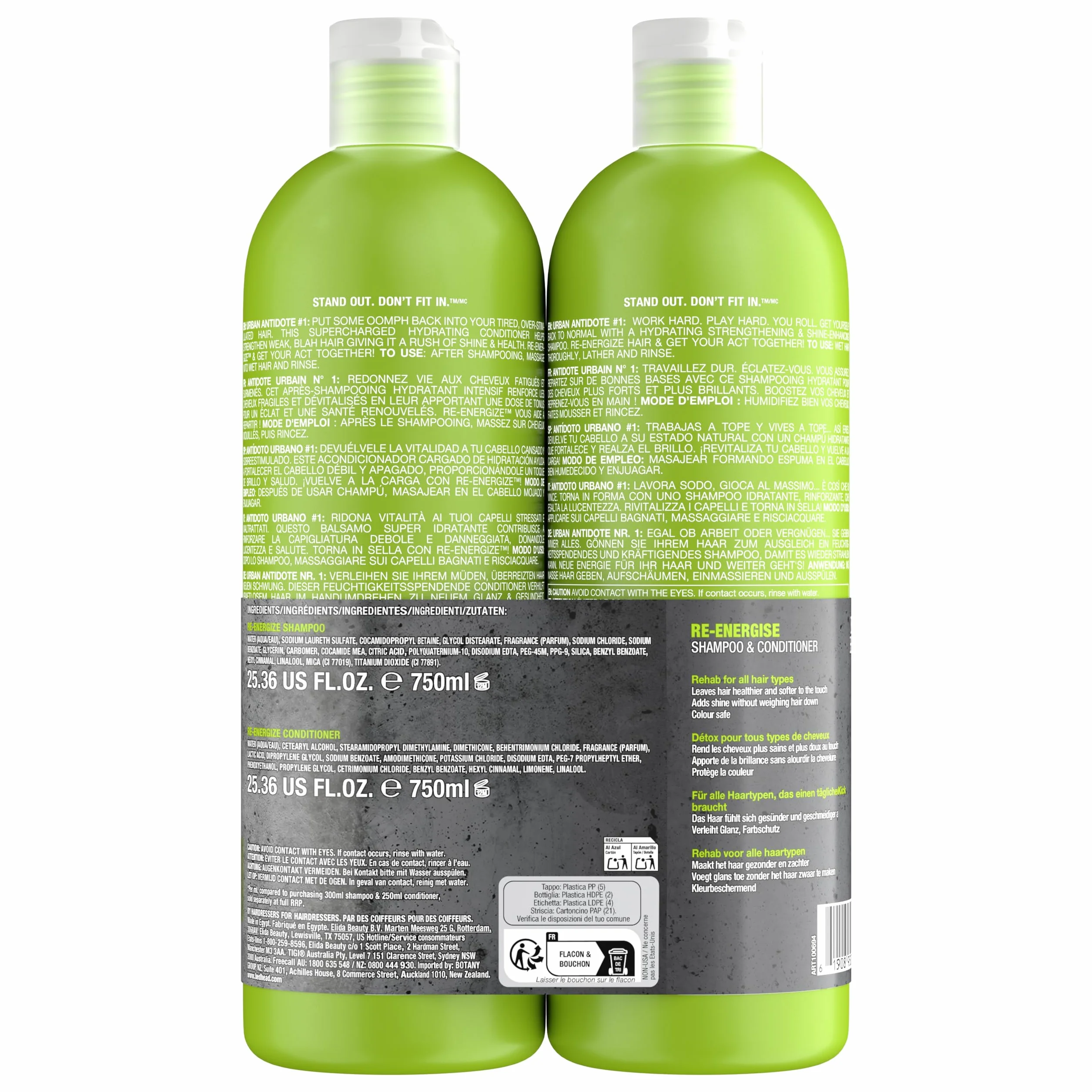 Bed Head by TIGI - Re-Energise Pack shampooing et après-shampooing énergisant - Soin capillaire professionnel pour un nettoyage en profondeur - Tous types de cheveux - 2x750 ml