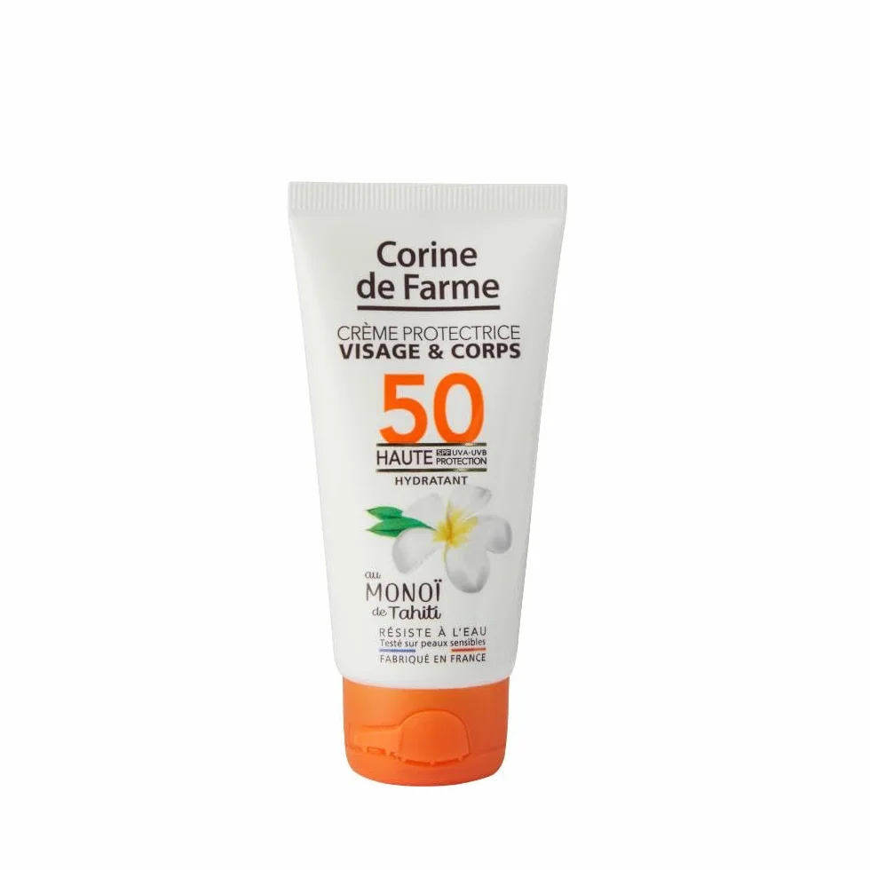 Trousse Essentiels Solaires Voyage Corine de Farme SPF 50 Crème Visage 50 ml, Eau Parfumée des Îles 100 ml, Lait Après-Soleil Acide Hyaluronique 100 ml