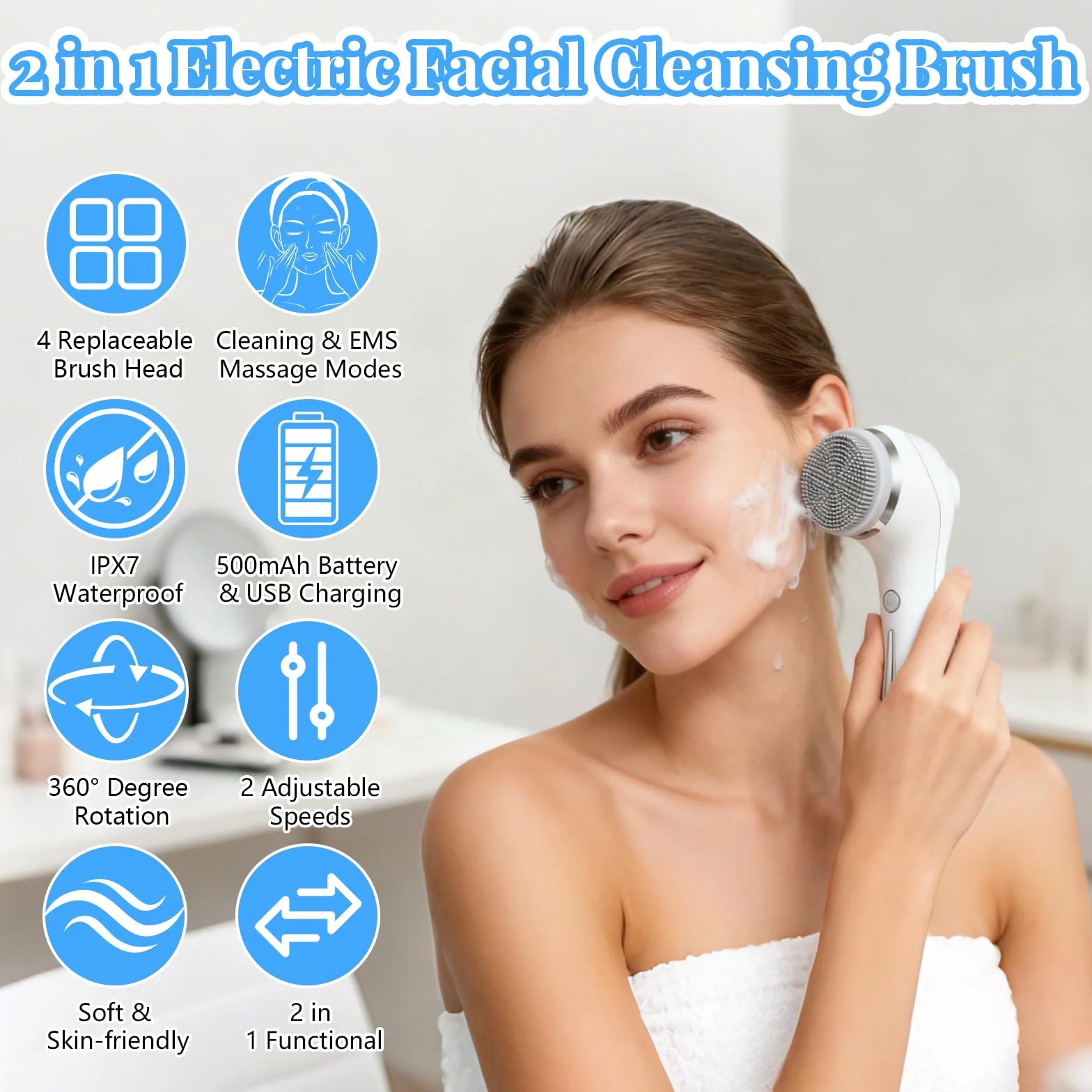 Brosse Nettoyante Visage, 2 en 1 Massage Visage avec 4 Embouts pour Nettoyer Le Visage en Profondeur, IPX7 Imperméable Brosse Électrique Visage, 2 Réglages de Vitesse