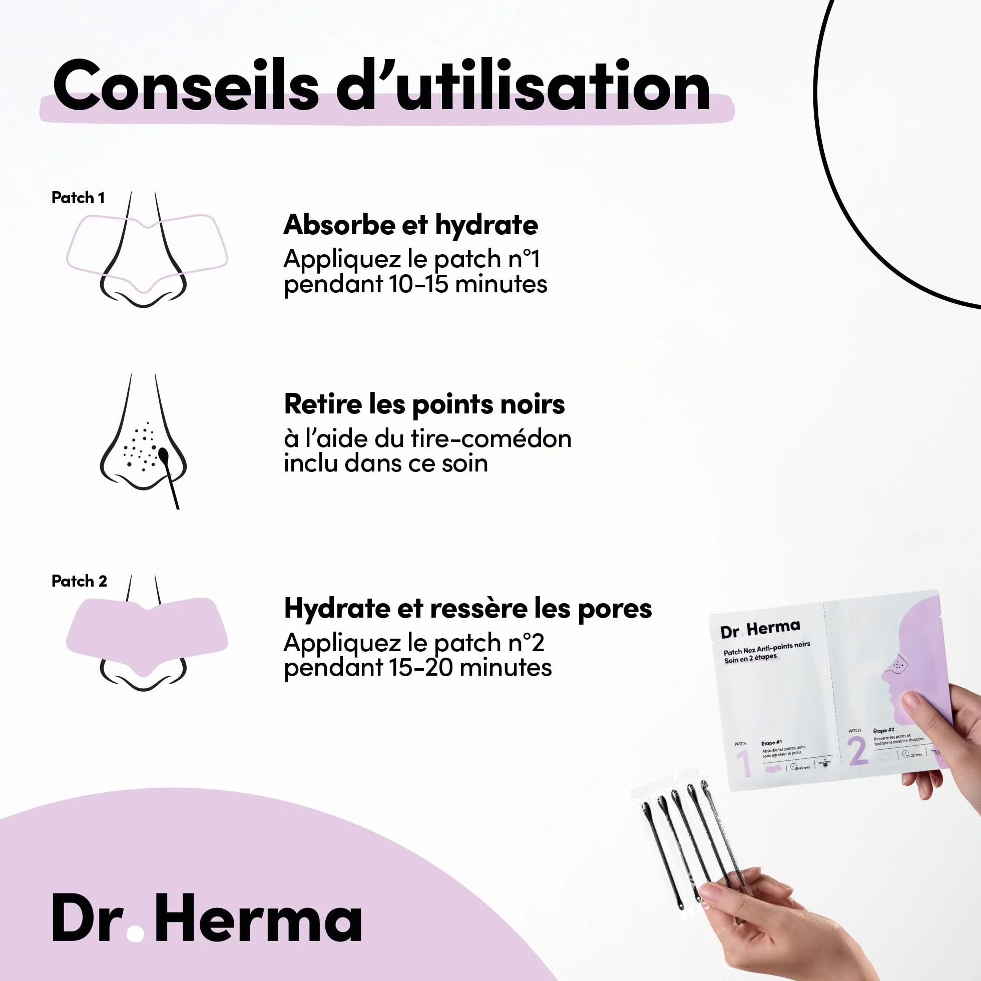 Dr Herma Patch Nez Point Noir 2 étapes Format Nez Purifie Désincruste Ressere les Pores 5 Paires Patch Nasal Anti Imperfection Visage