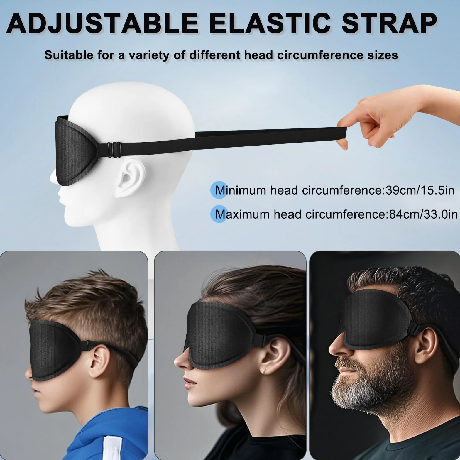 Masque de Nuit 3D Anti-Lumière Respirant, Élastiques Réglables Noir