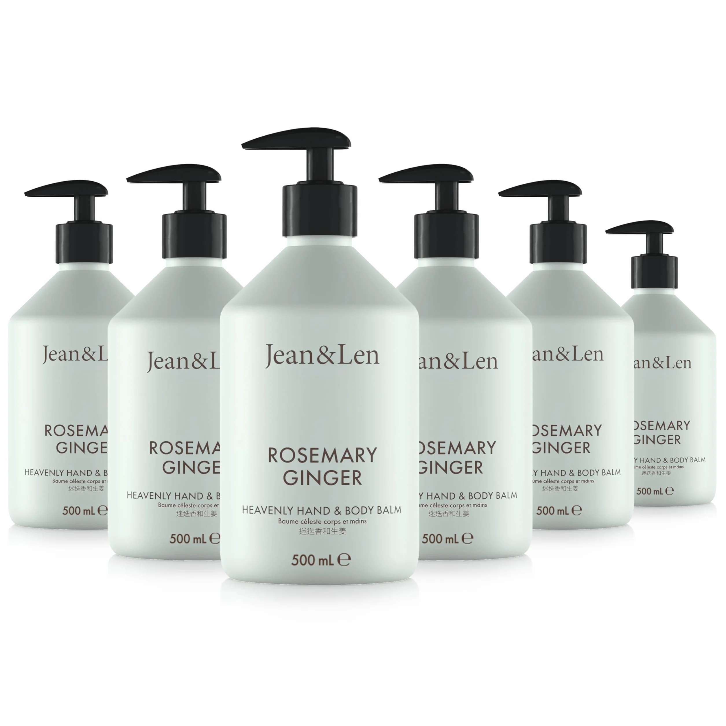 Jean & Len Heavenly Rosemary & Ginger Lot de 6 baumes pour les mains et le corps parfumés à l'huile d'argan bio et au beurre de karité Flacon de qualité supérieure sans parabène ni silicone 6 x 500 ml