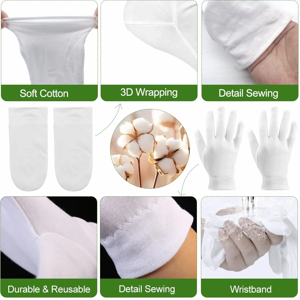 Gants Hydratants et Chaussettes Hydratantes Réutilisables en Coton Blanc pour Femme Eczéma Soins des Mains